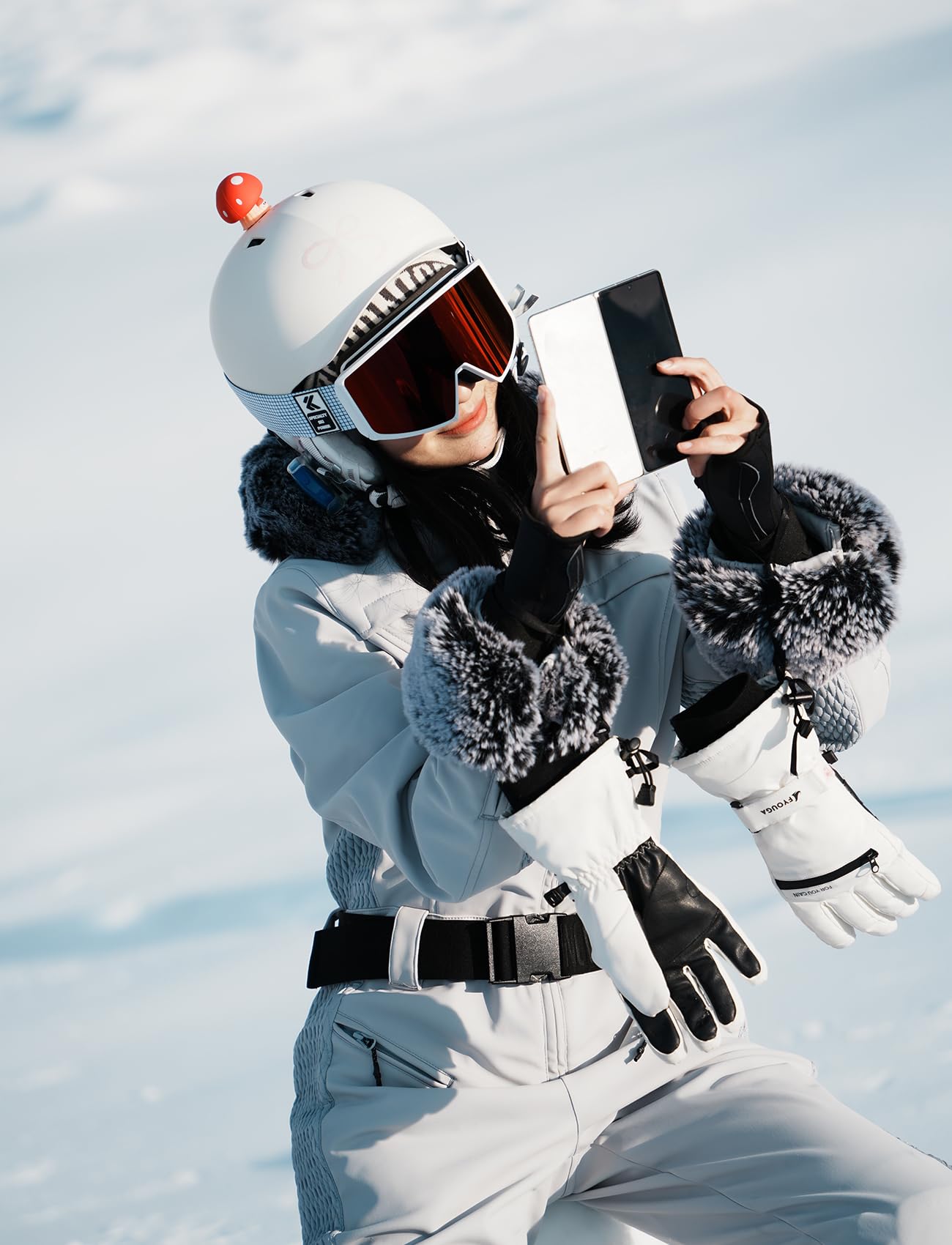 GSOU SNOW Ski Suit Womens One Piece Snowsuit Snowboard Jacket Slim Snow Jumpsuit Faux Fur Ski Outfit Waterproof Windproof