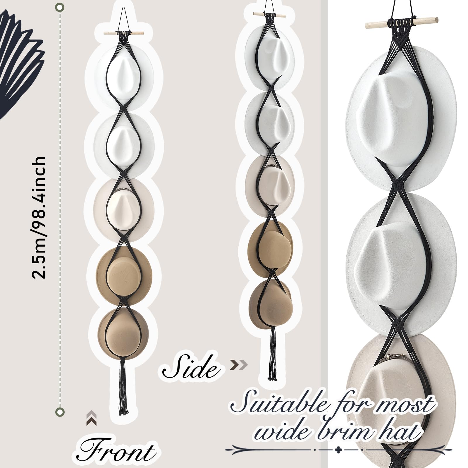 Yulejo Macrame Hat Hangers Boho Hat Rack for Wall Western Cowboy Hanging Organizer for Door Wall Room Bedroom