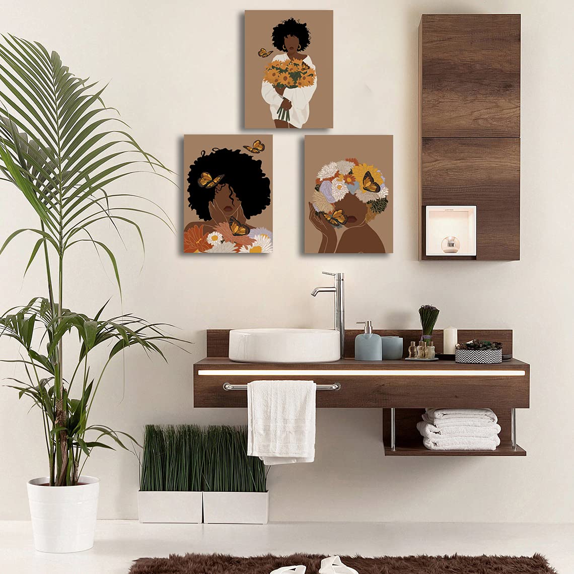 Framed Abstract African American Black Woman Canvas Wall Art, Boho Fashion Flower Art print, Black Women Bedroom Home Decor, Black Girl Poster