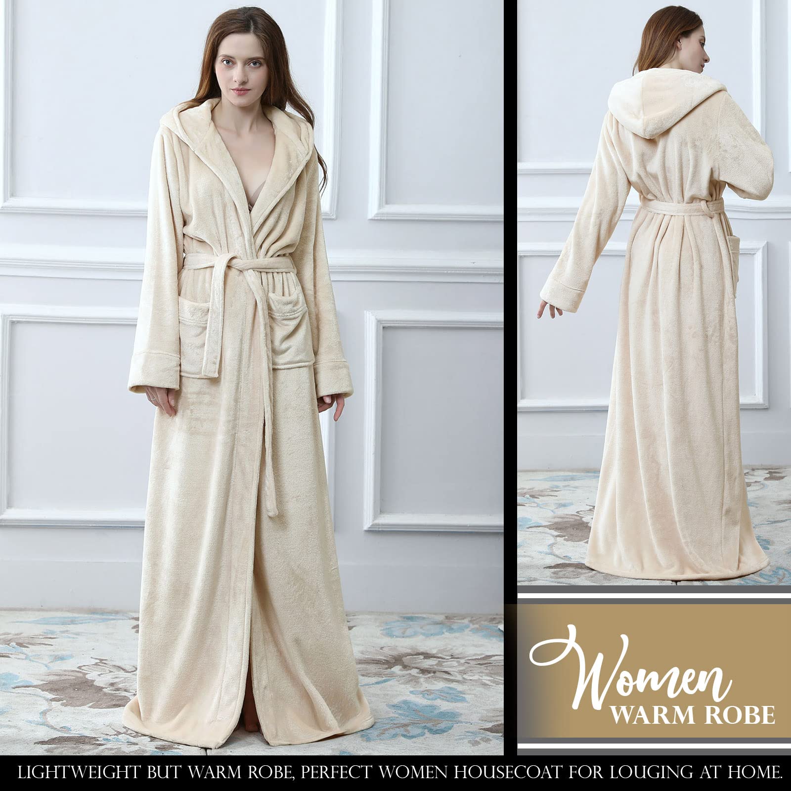 Hellomamma Long Hooded Robe for Women Luxurious Flannel Fleece Full Length Bathrobe Winter Warm Pajamas Shower Nightgown