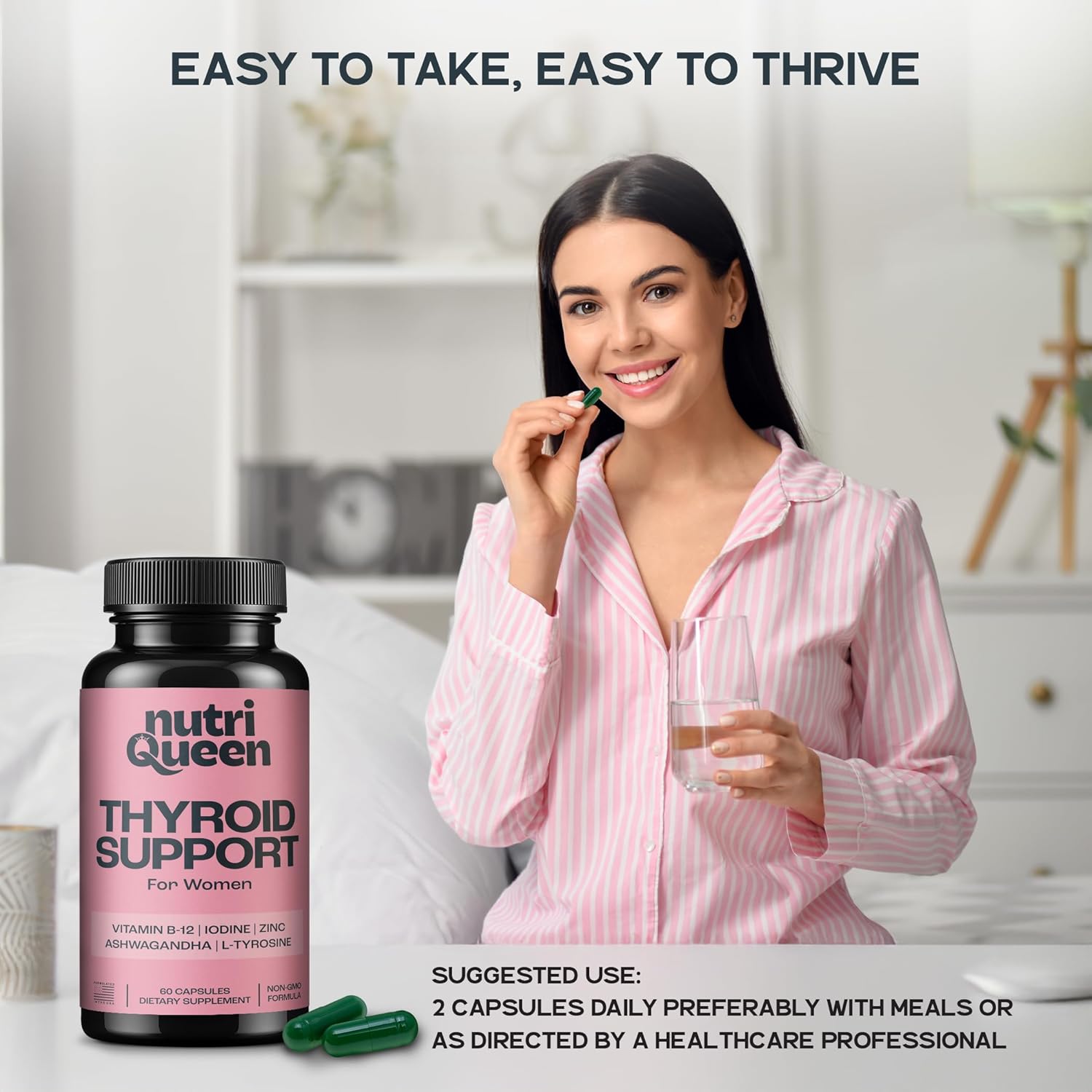 Thyroid Support for Women, Female Vitamin Supplement with Ashwagandha, Zinc, Kelp & Iodine, Women's Health Supplements for Energy & Hormone Balance, Contains Vitamins B-12-60 Capsules