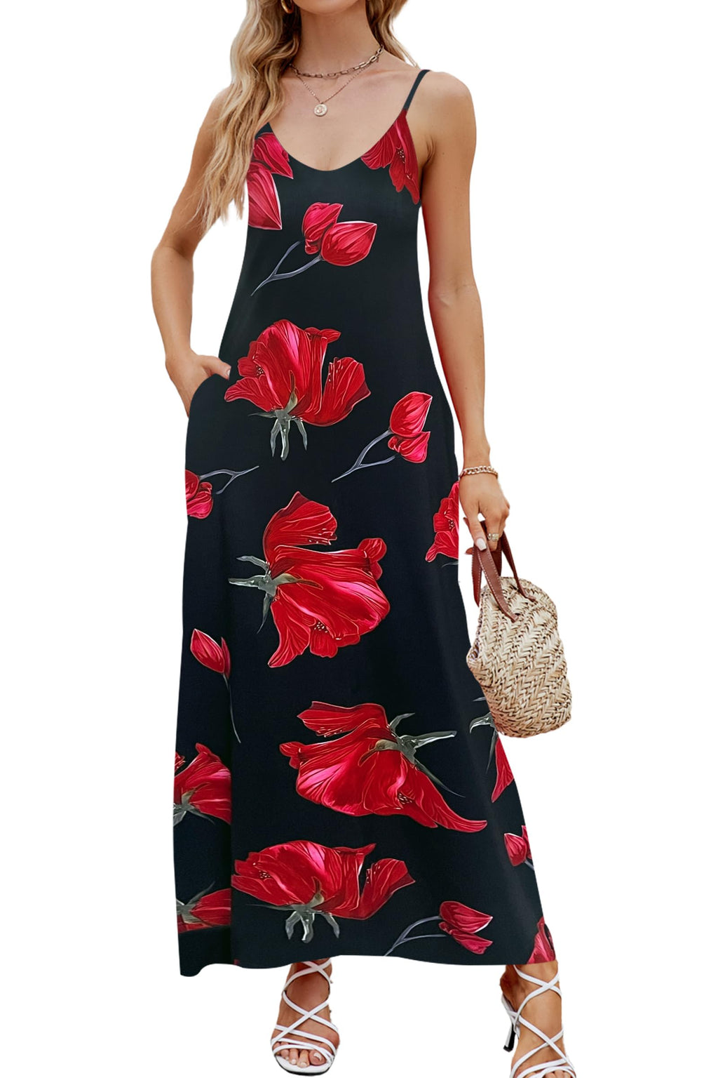 Poetsky Womens Casual Strappy V Neck Sleeveless Flowy Pockets Loose Long Maxi Beach Dress Sundress