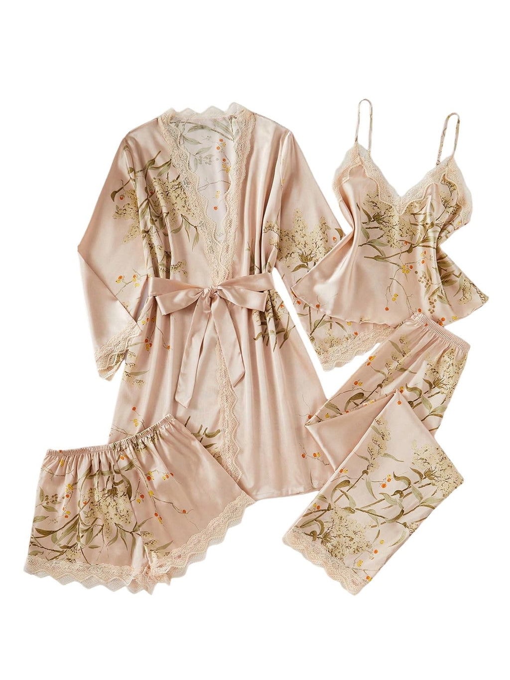 GORGLITTER Women's 5 Piece Floral Print Satin Pajama Set Nightgown Robe Cami Shorts Sleepwear with Storage Bag