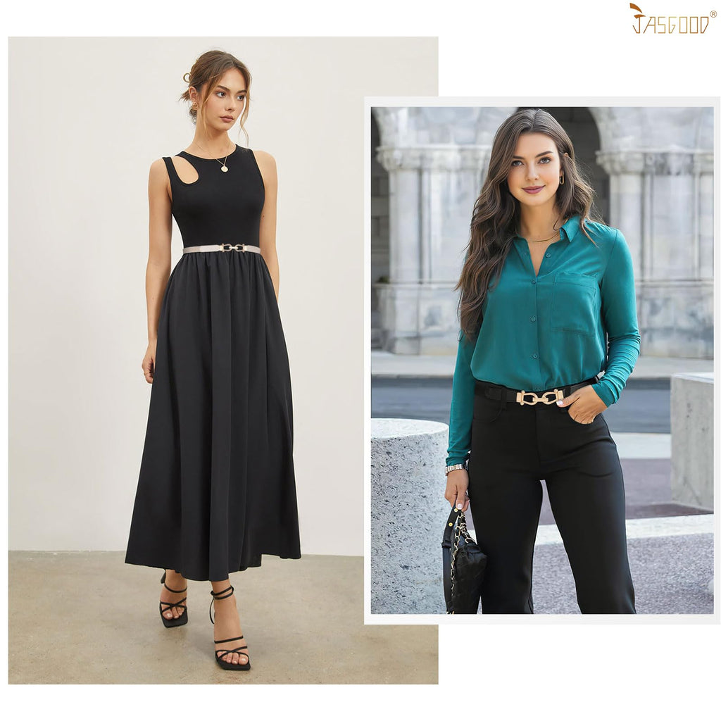 JASGOOD Women Skinny Elastic Belt for Dresses,Thin Retro Stretch Waist Belt with Golden Buckle