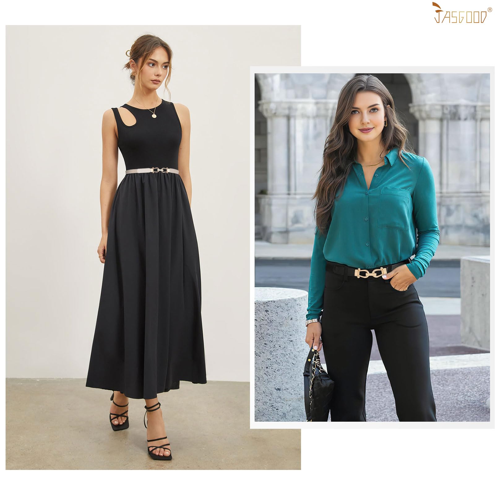 JASGOOD Women Skinny Elastic Belt for Dresses,Thin Retro Stretch Waist Belt with Golden Buckle