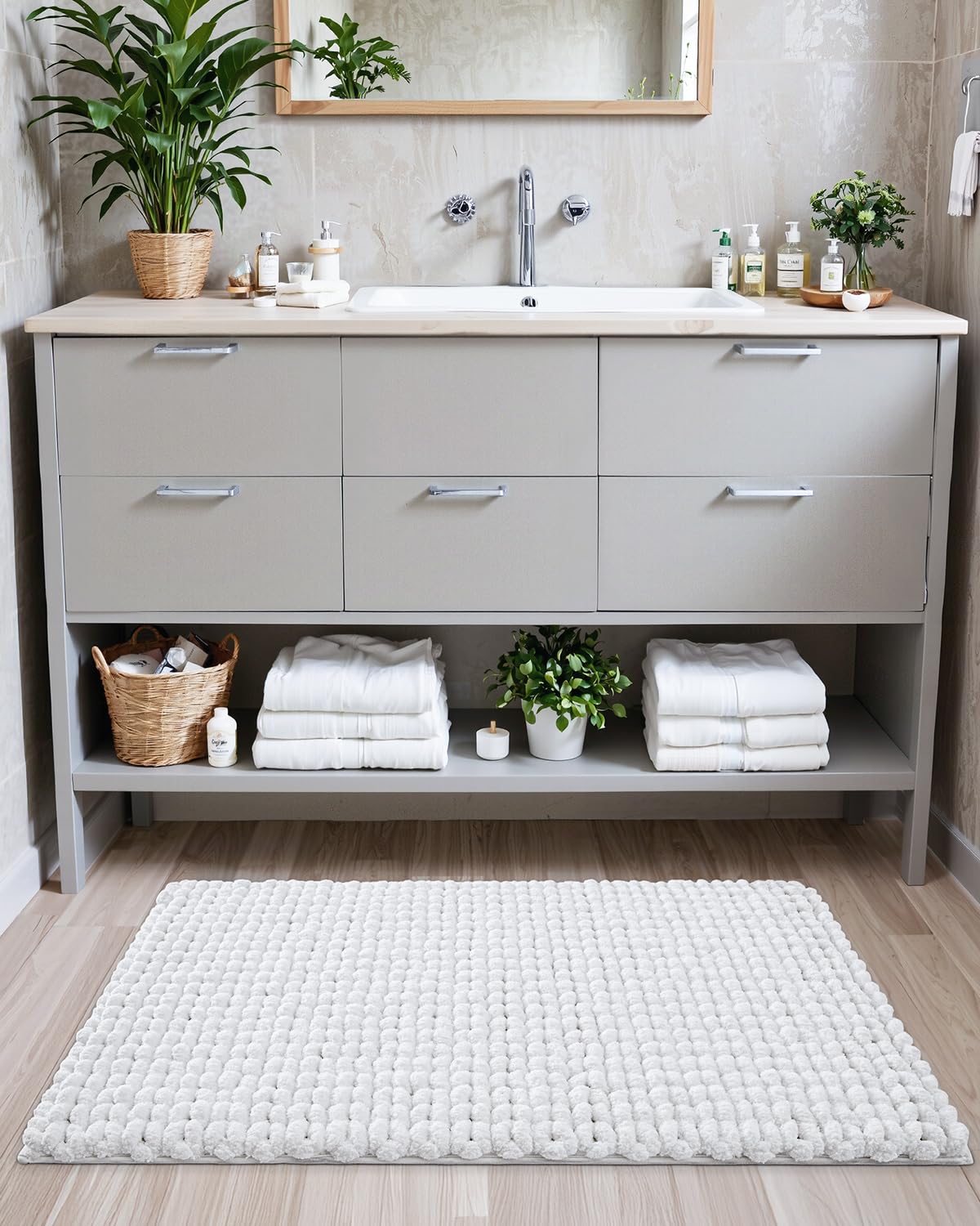 LUMI Luxury Bathroom Rug, Ultra Soft Quick Dry Bath Mat, Non-Slip Absorbent Thick Chenille Bath Rug, Cozy Braid Design Floor Mat for Bathtub, Sink, Laundry, Bedroom, White, 24"x36"