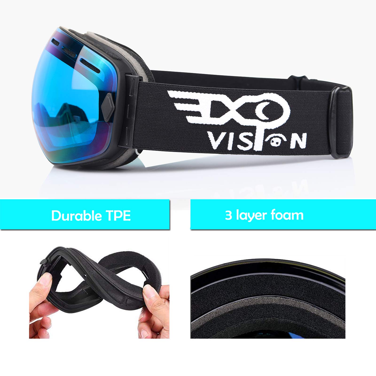 EXP VISION Snowboard Ski Goggles Men Women Youth, Anti Fog OTG Winter Snow Goggles Spherical Detachable Lens