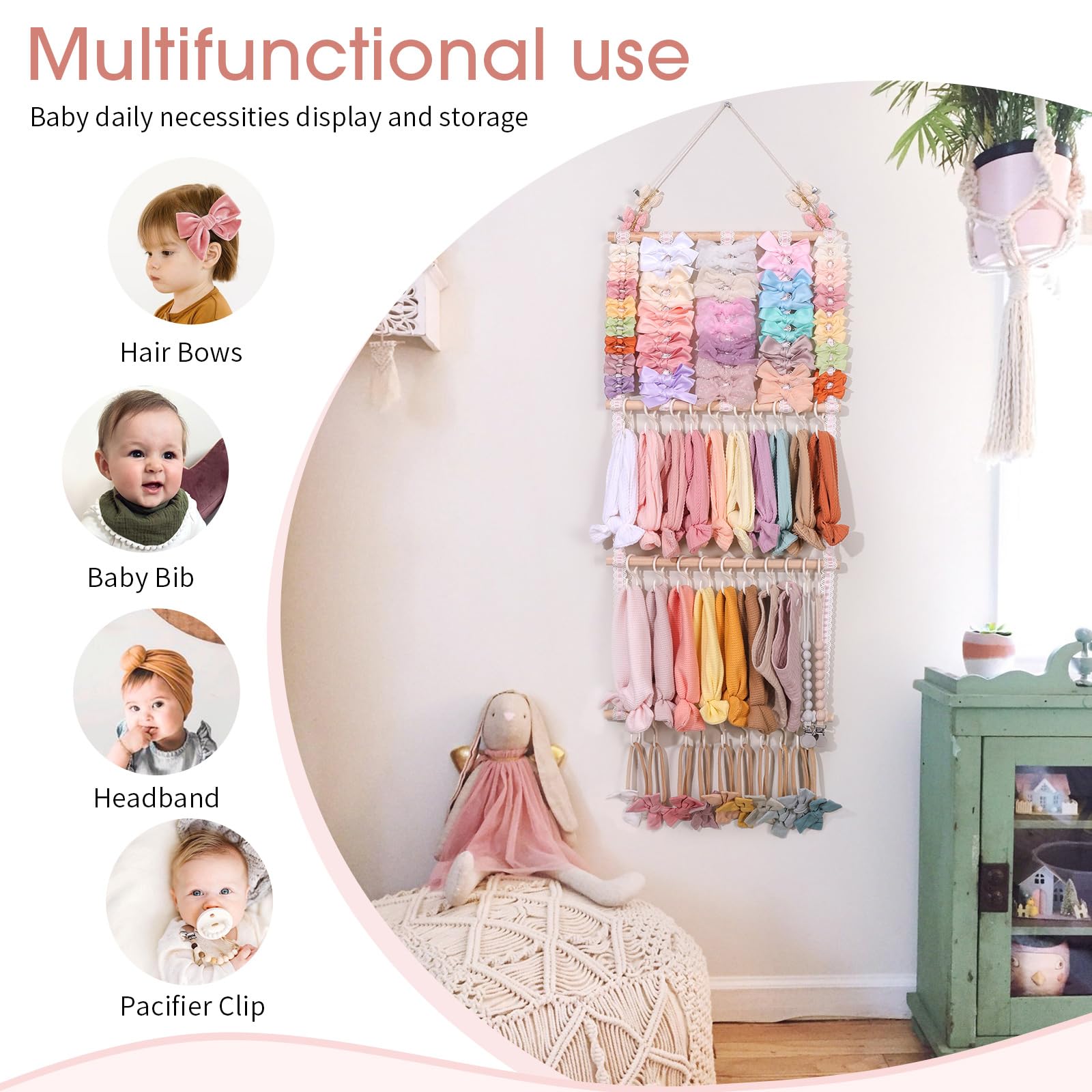 POVETIRE Headband Holder Hair Bows Organizer for Girls, Baby Headbands Hair Accessories Organizer Storage Wall Hanging Decor for Toddler Girls Room