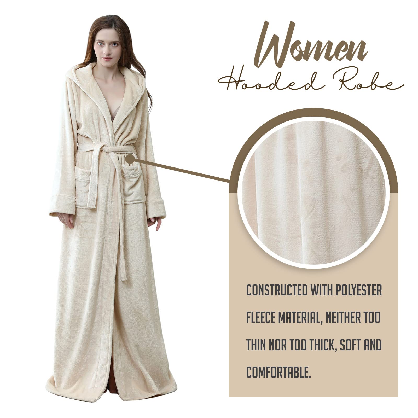 Hellomamma Long Hooded Robe for Women Luxurious Flannel Fleece Full Length Bathrobe Winter Warm Pajamas Shower Nightgown