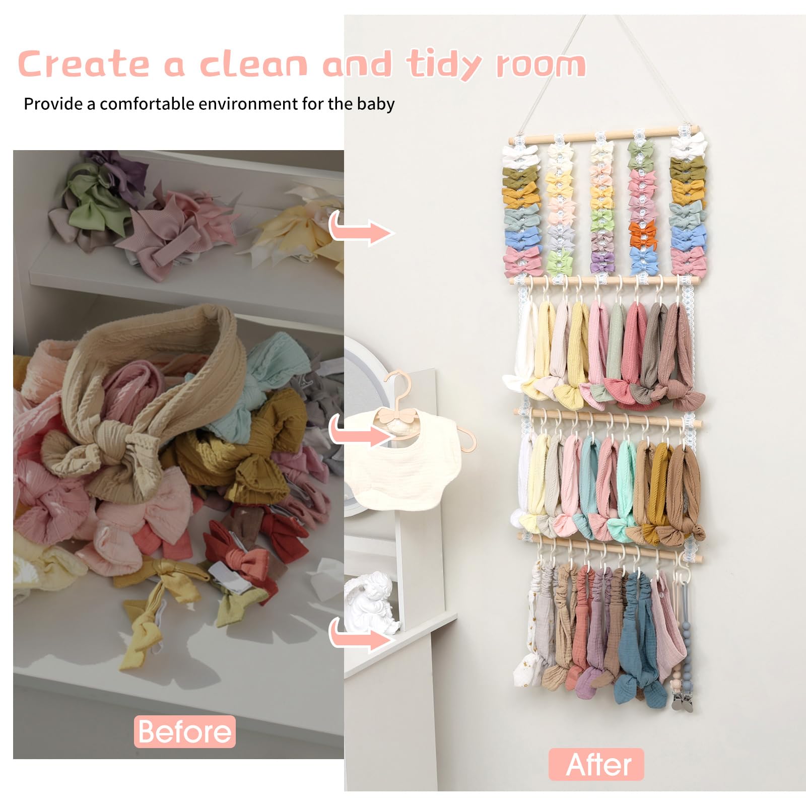 POVETIRE Headband Holder Hair Bows Organizer for Girls, Baby Headbands Hair Accessories Organizer Storage Wall Hanging Decor for Toddler Girls Room