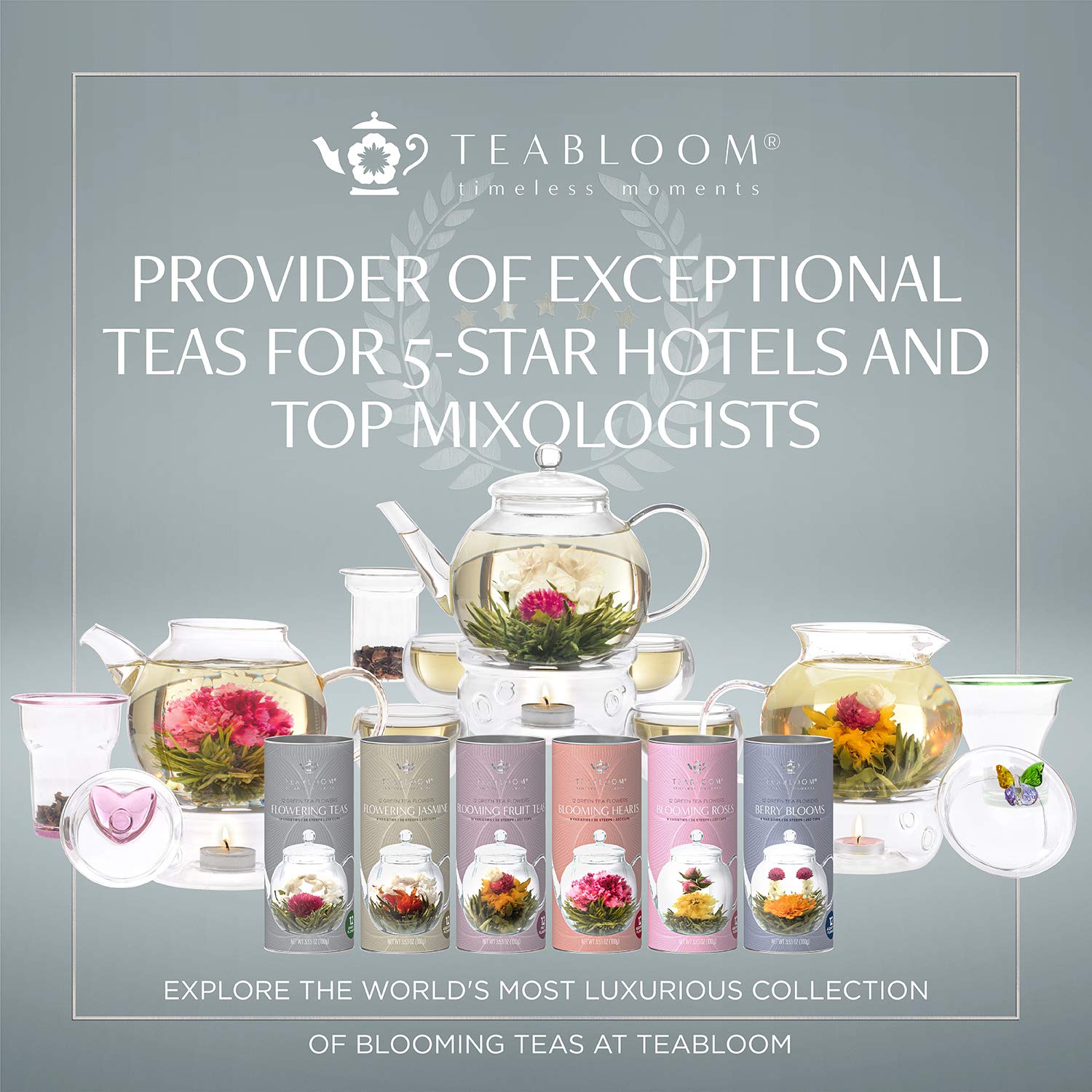 Teabloom Flowering Tea - 12 Unique Varieties of Fresh Blooming Tea Flowers - Hand-Tied Natural Green Tea Leaves & Edible Flowers - 12-Pack Gift Canister - 36 Steeps, Makes 250 Cups
