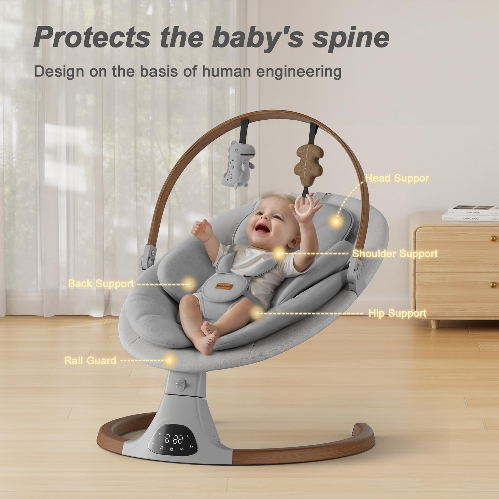 Baby Swings for Infants, Monamii Baby Swing, Infant Swing with 5 Speeds, 10 Lullabies, Electric Swing for Baby, Indoor & Outdoor Use (Beige)