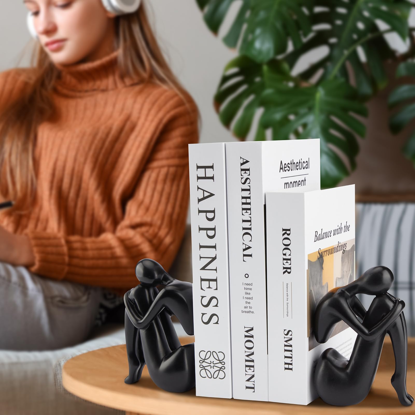 Black Decor Women Statue, Thinker Girl Sculptures, Modern Abstract Art Accents, Black Resin Collectible Figurines for Living Room Bedroom Bookshelf Coffe Table, Resin, 1Piece