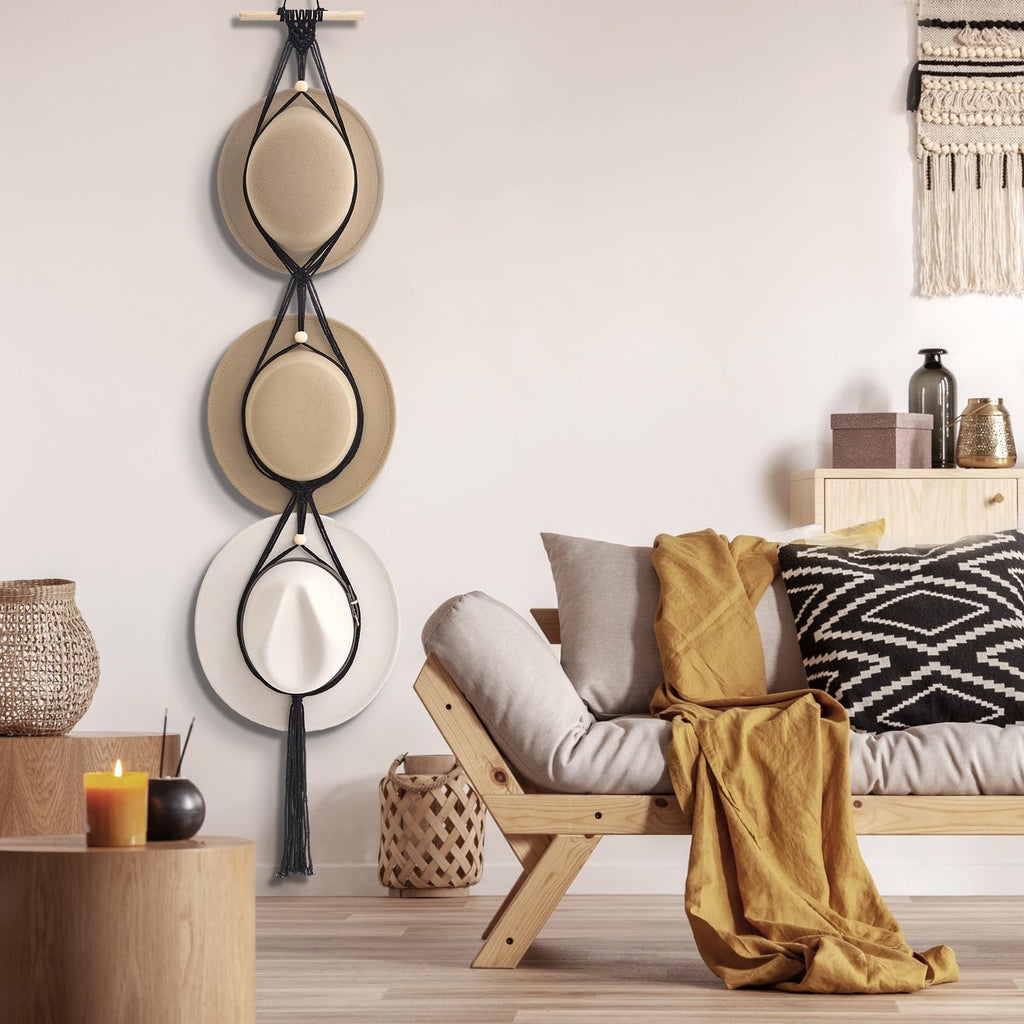 Yulejo Macrame Hat Hangers Boho Hat Rack for Wall Western Cowboy Hanging Organizer for Door Wall Room Bedroom