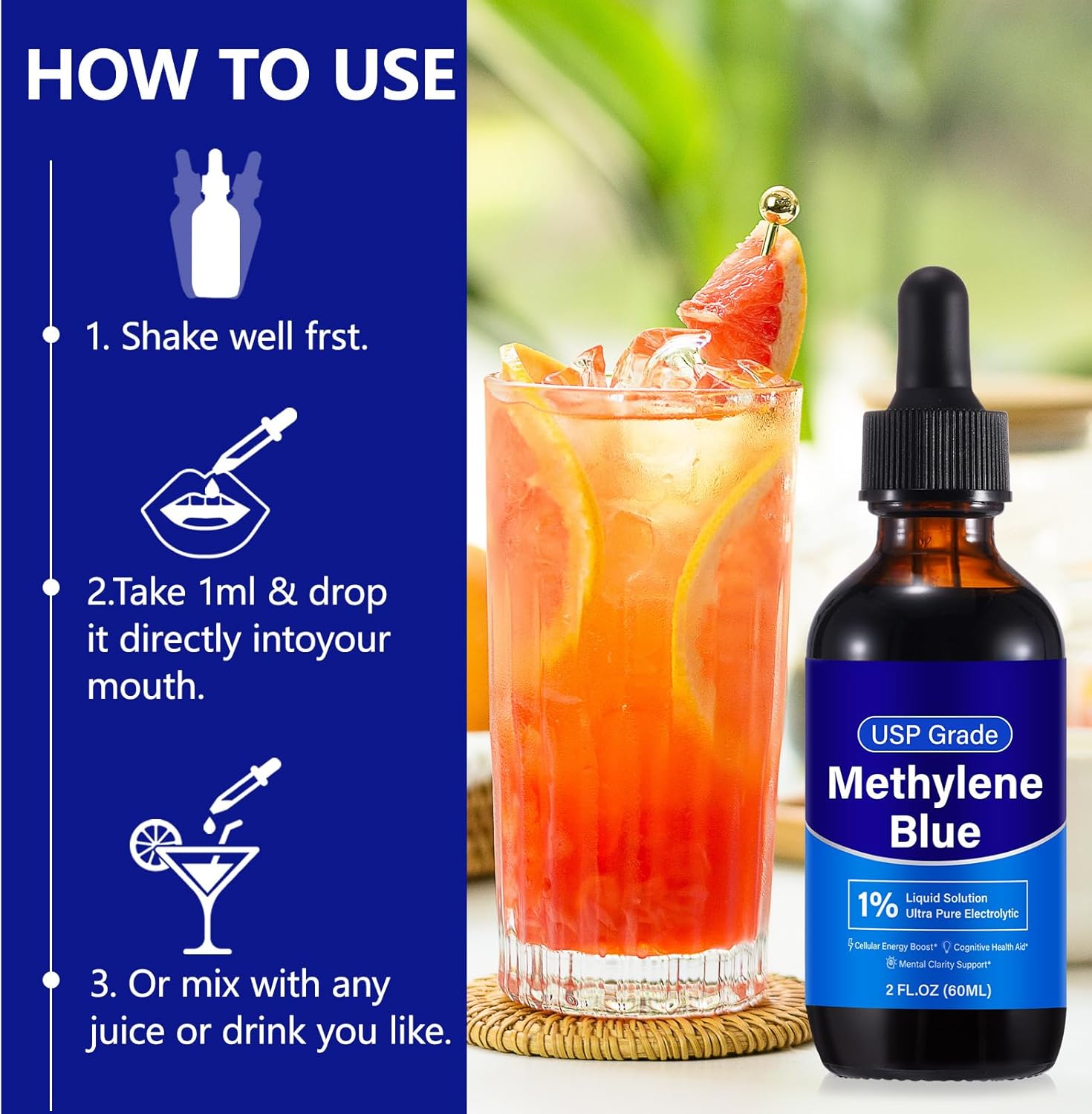 Methylene Blue Pharmaceutical Grade - Methylene Blue Drops 1%- USP Grade Ultra Pure Electrolytic - Nootropic Supplement for Humans