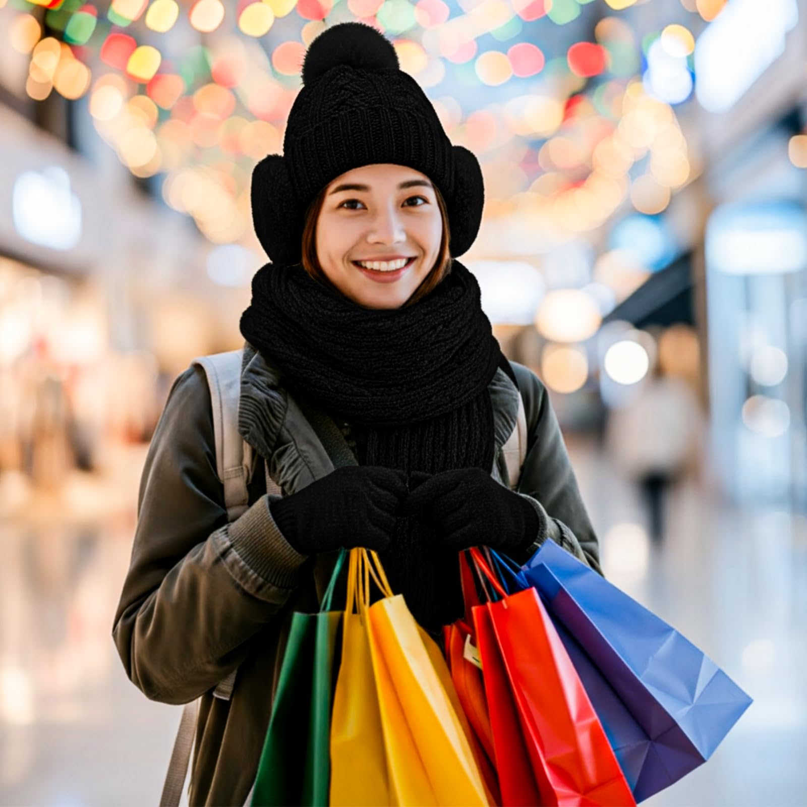 Geyoga 6 Pcs Winter Warm Set for Women Warm Beanies Hats Touchscreen Gloves Long Scarf Ear Muffs Socks Winter Gifts for Women