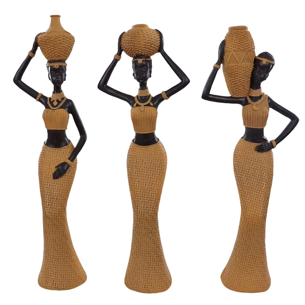 Set of 3 Resin African Woman Statues – Elegant Tribal Figurines in Gold Dresses, Afrocentric Home Decor Sculptures for Living Room, Bookshelf, Gift