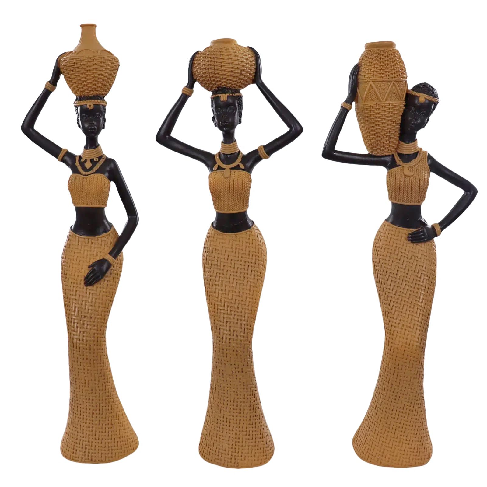 Set of 3 Resin African Woman Statues – Elegant Tribal Figurines in Gold Dresses, Afrocentric Home Decor Sculptures for Living Room, Bookshelf, Gift