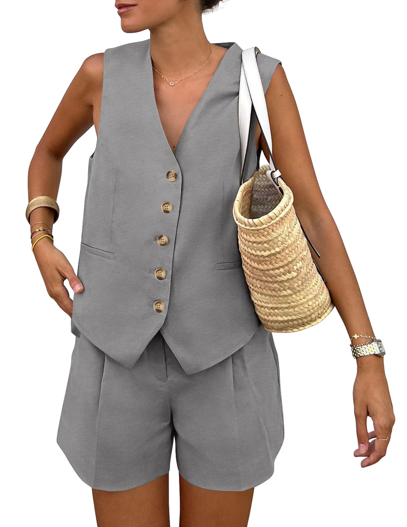 PRETTYGARDEN Women's Summer 2 Piece Outfits Sleeveless Matching Sets Button Down V Neck Vest Waistcoat and Pockets Shorts