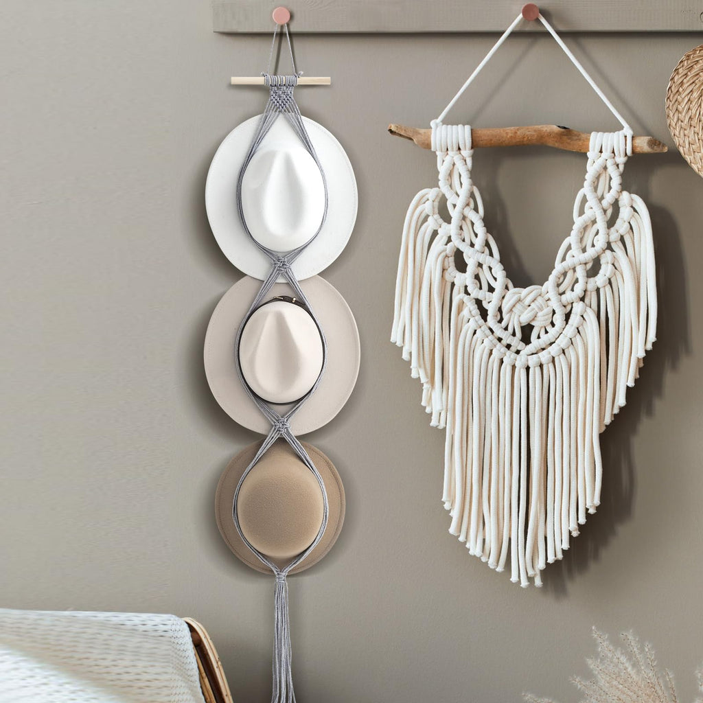 Yulejo Macrame Hat Hangers Boho Hat Rack for Wall Western Cowboy Hanging Organizer for Door Wall Room Bedroom
