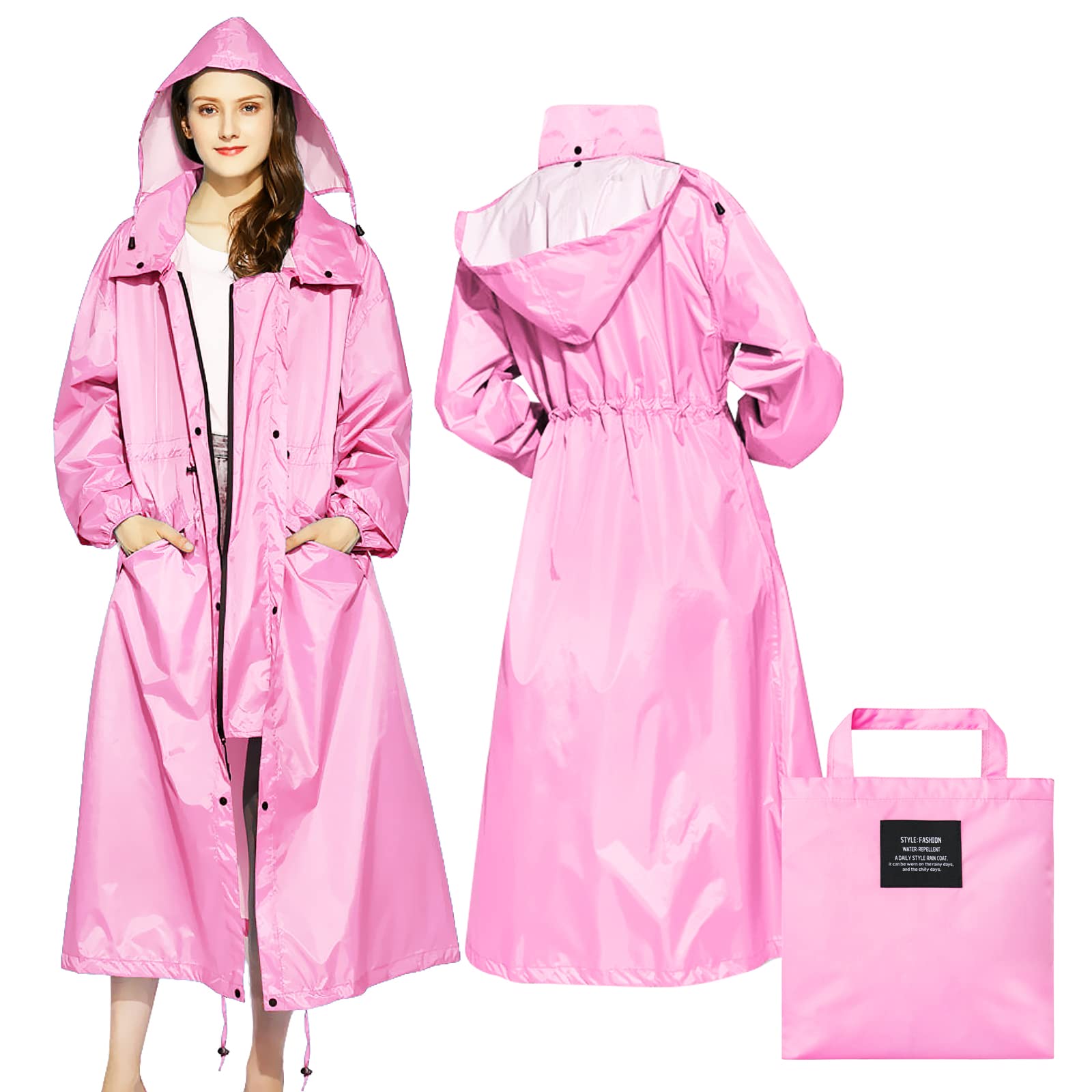 LAMA Womens Long Raincoats Rain Jacket Waterproof Packable Hooded Windbreaker Lightweight Adjustable Waist for Outdoor