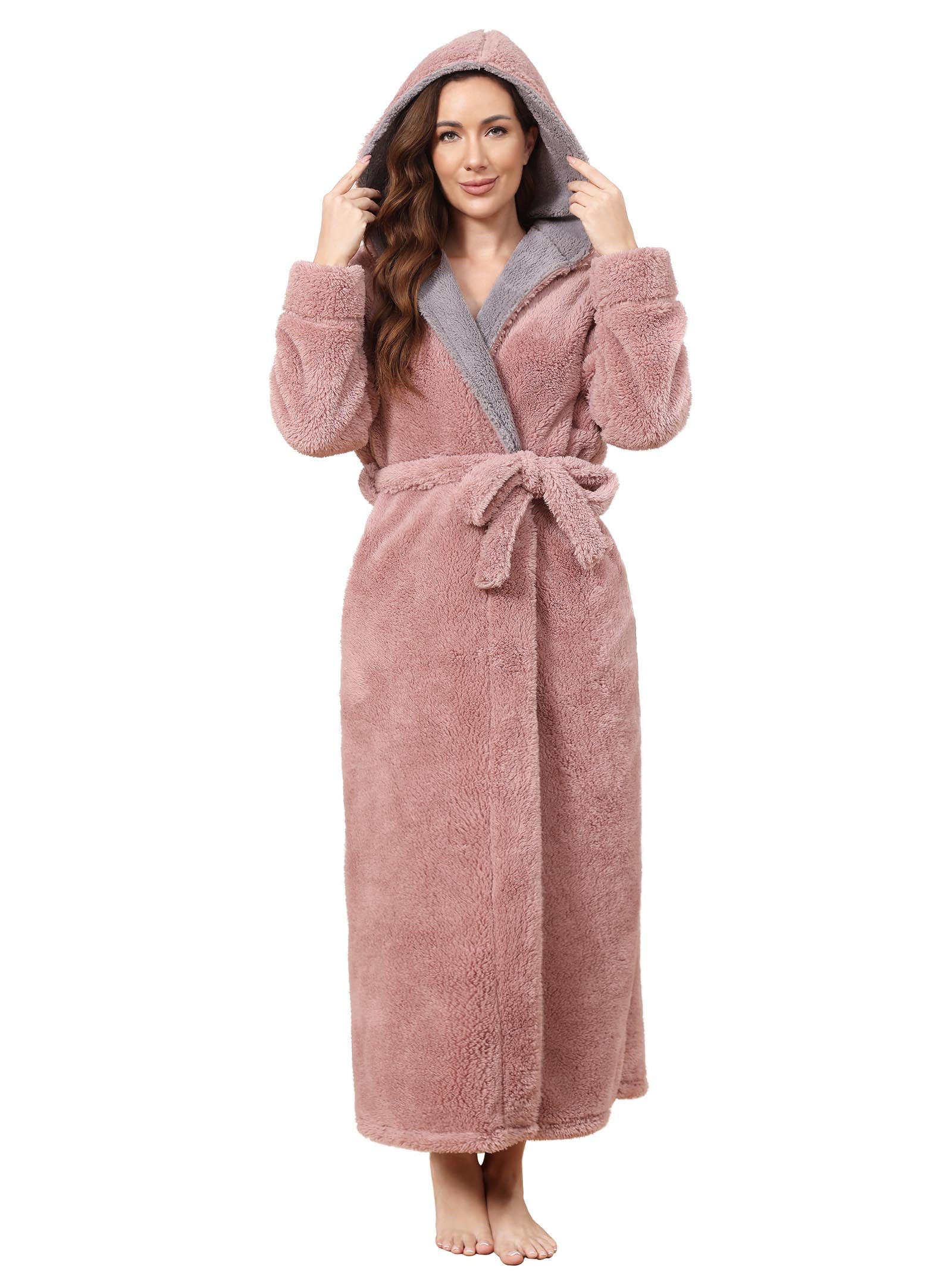 Hellomamma Long Hooded Robe for Women Luxurious Flannel Fleece Full Length Bathrobe Winter Warm Pajamas Shower Nightgown