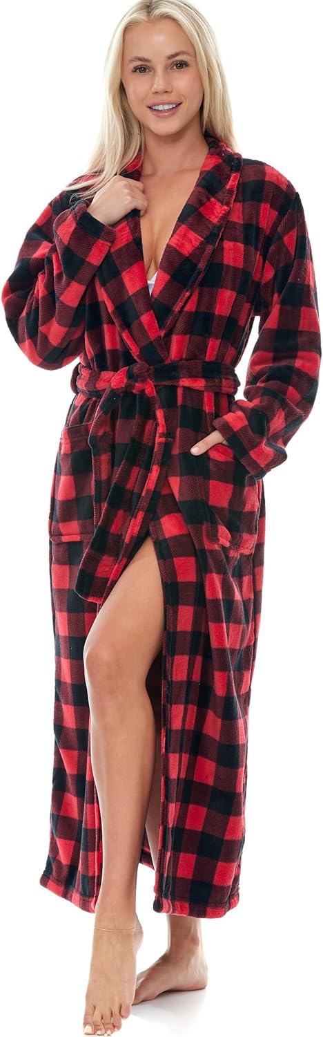 Alexander Del Rossa Plush Striped Robe for Women, Long Fleece Plaid Winter Bath Robe, Plus Size