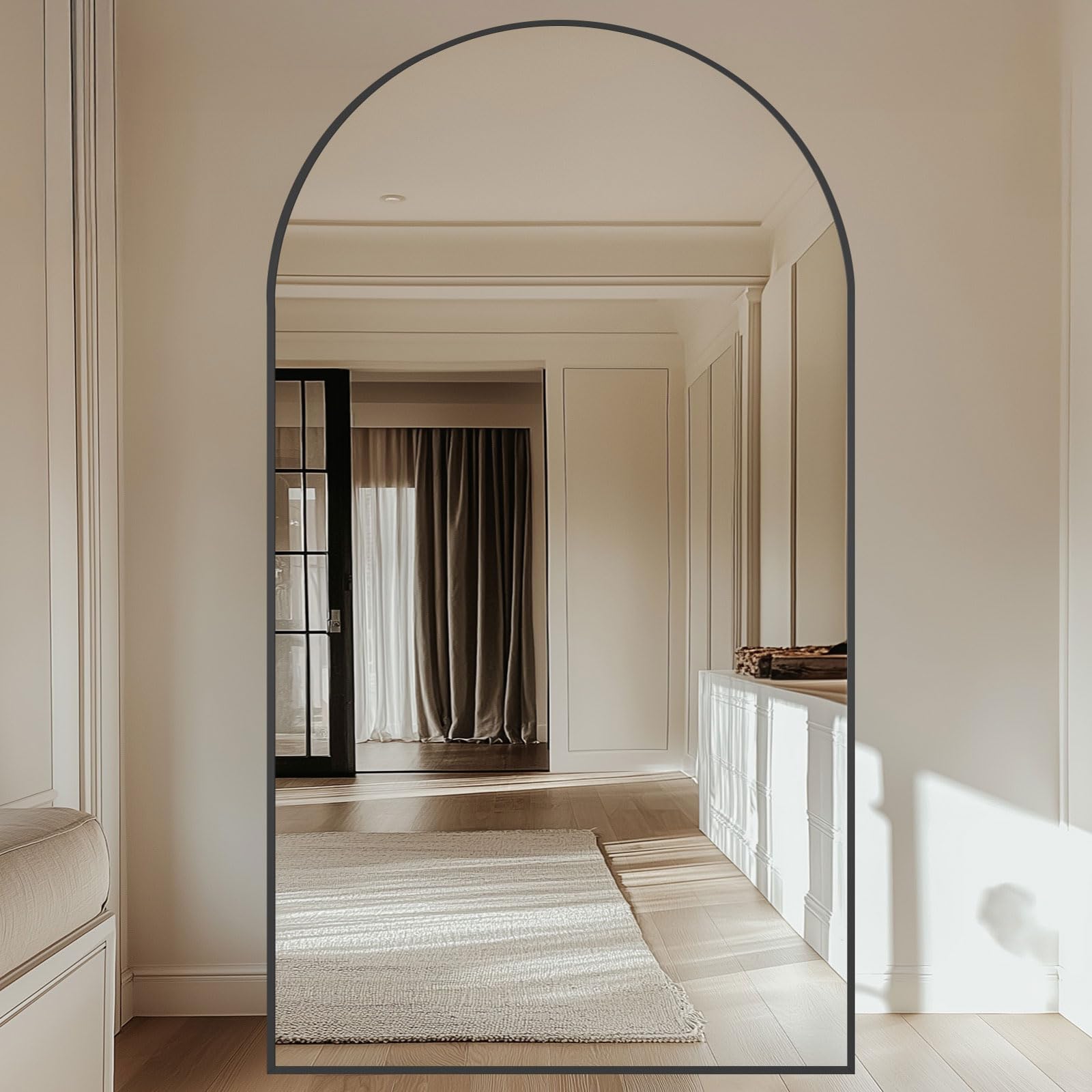 Oversized Floor Mirror Full Length with Stand, 72"X44" Extra Large Arch Standing Mirror Full Length, Tempered Glass Black Full Body Mirror for Bedroom Living Room, Aluminum Alloy Frame