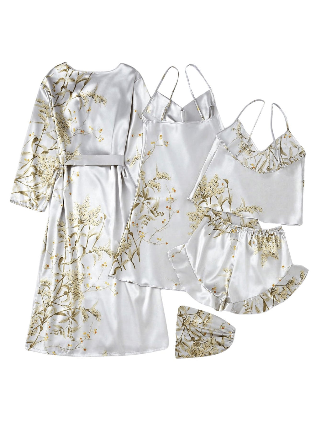 GORGLITTER Women's 5 Piece Floral Print Satin Pajama Set Nightgown Robe Cami Shorts Sleepwear with Storage Bag