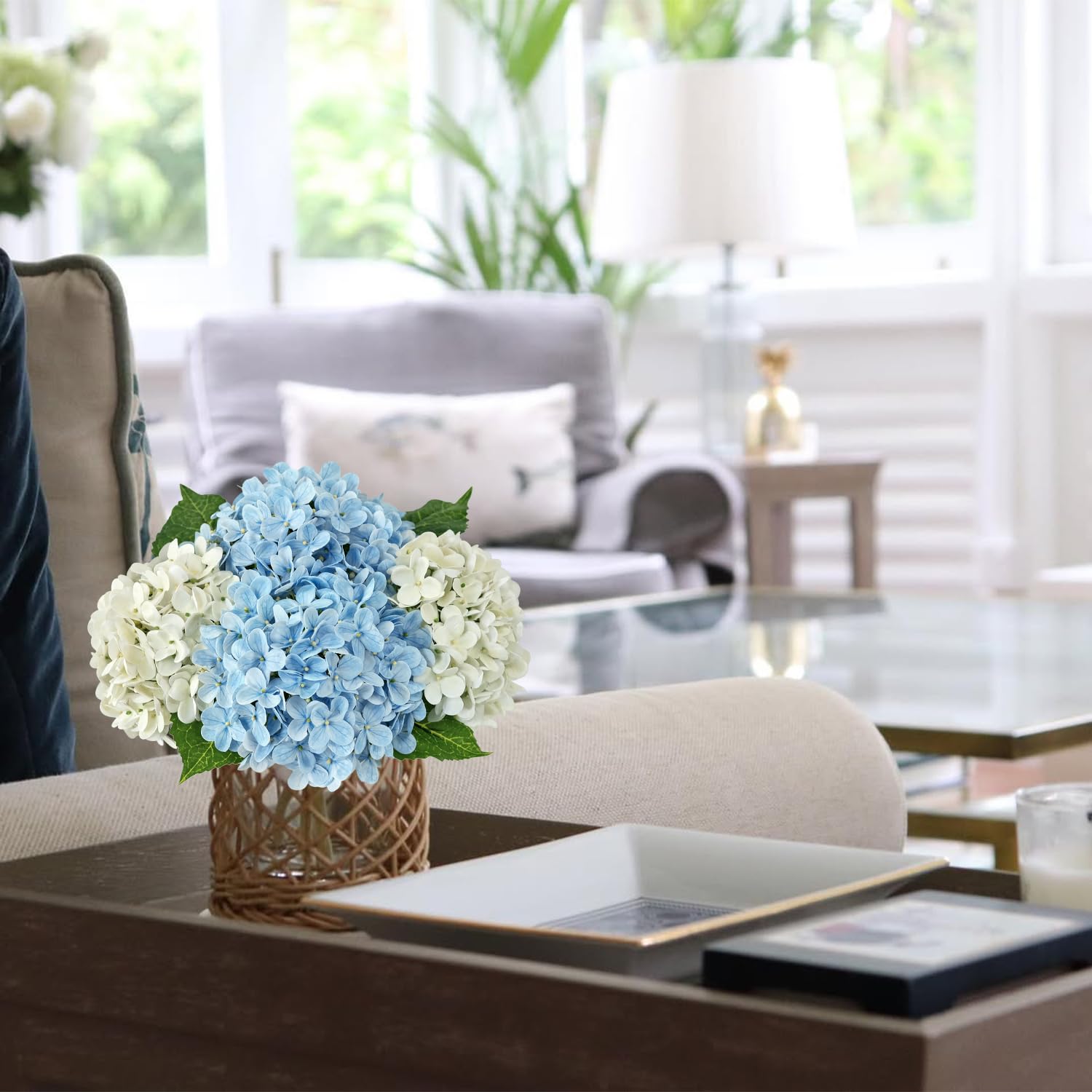 Light Blue Hydrangea Artificial Flowers,4Pcs 20" Real Touch Lifelike Silk Artificial Hydrangeas, Full Fake Flowers for Bouquet Table Centerpieces Spring Wedding Indoor Home