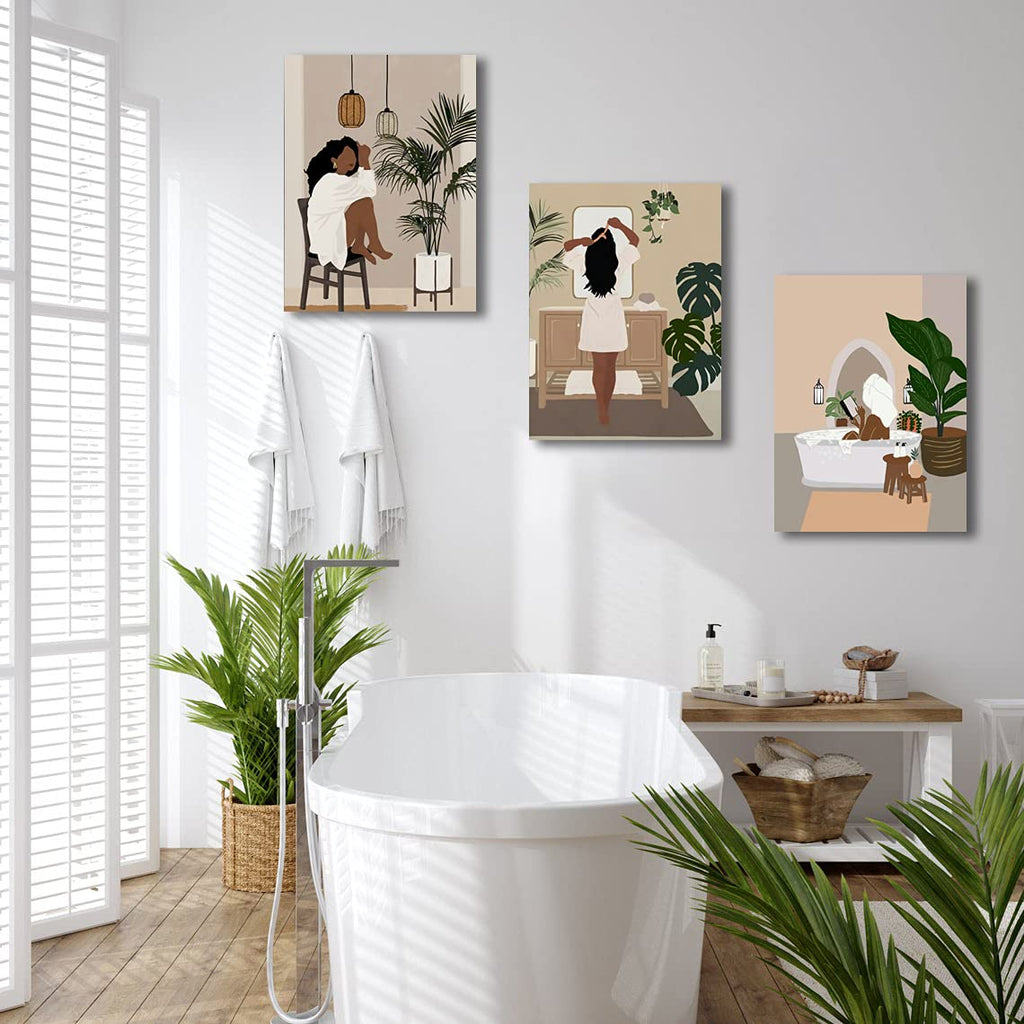 Framed Abstract African American Black Woman Canvas Wall Art, Boho Fashion Flower Art print, Black Women Bedroom Home Decor, Black Girl Poster