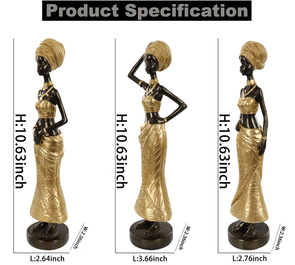 Set of 3 Resin African Woman Statues – Elegant Tribal Figurines in Gold Dresses, Afrocentric Home Decor Sculptures for Living Room, Bookshelf, Gift