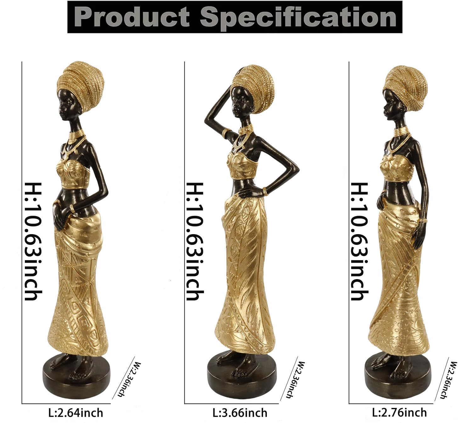 Set of 3 Resin African Woman Statues – Elegant Tribal Figurines in Gold Dresses, Afrocentric Home Decor Sculptures for Living Room, Bookshelf, Gift