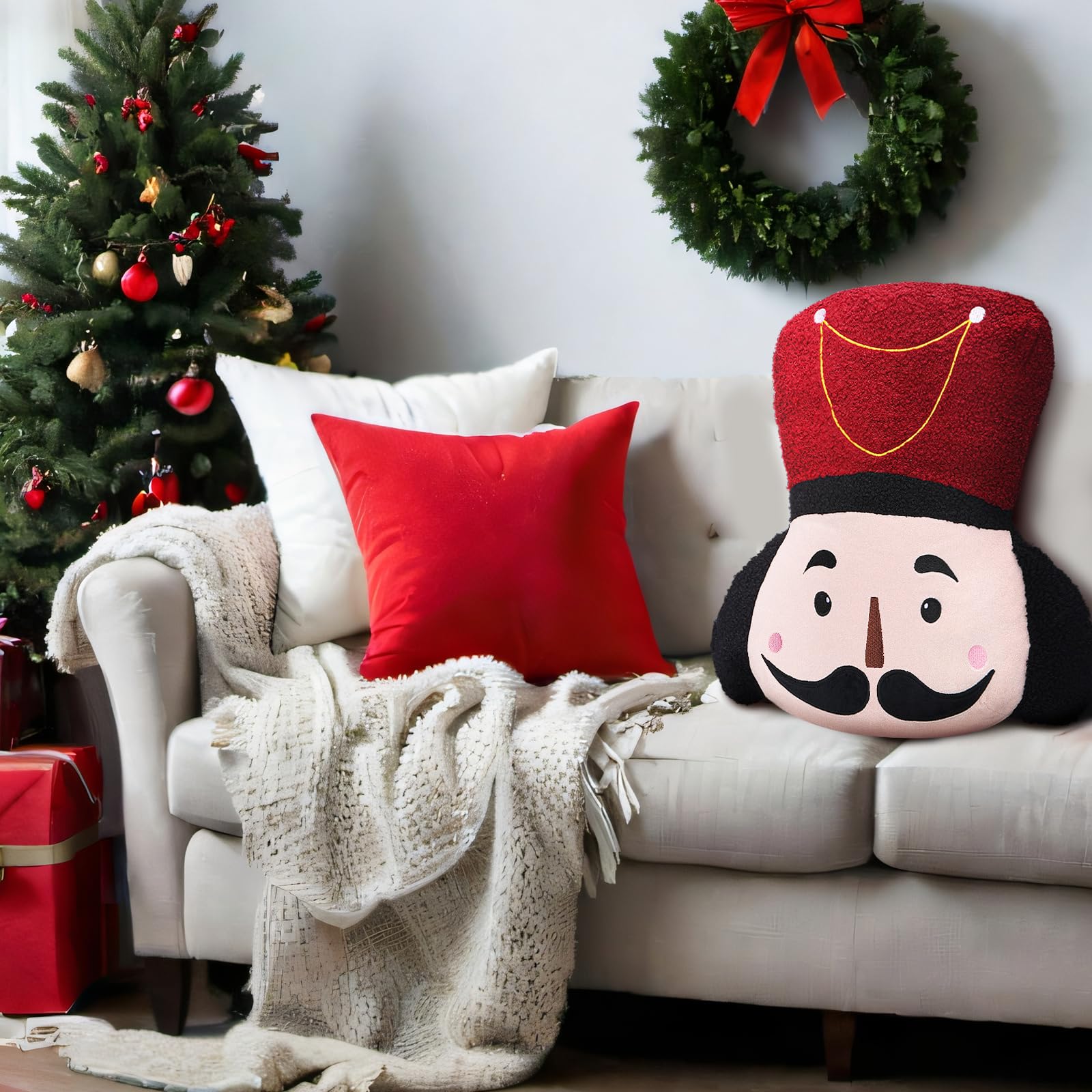 Nutcracker Christmas Throw Pillow Christmas Nutcracker Shaped Decoration Decorative Cushion 14.5‘' x 13‘' Faux Rabbit Fur Embroidered Pillow Xmas Gift for Home Sofa Chair Bed(African American)
