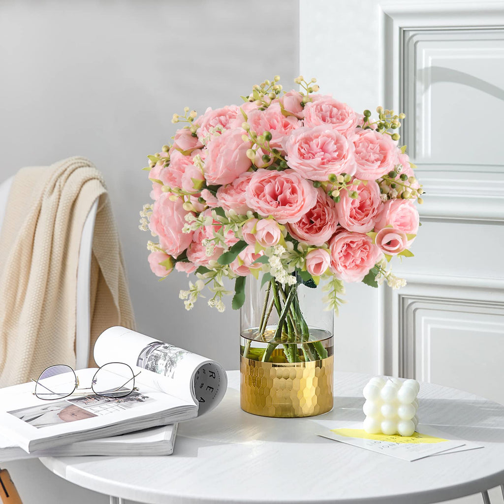 4 Bundles Artificial Peonies Silk Flowers, White Faux Peony Bouquet Florals Arrangements Decor for Farmhouse Home Boho Wedding Table Centerpiece, Fake Plastic Flowers Bulk Vase Decoration (White)