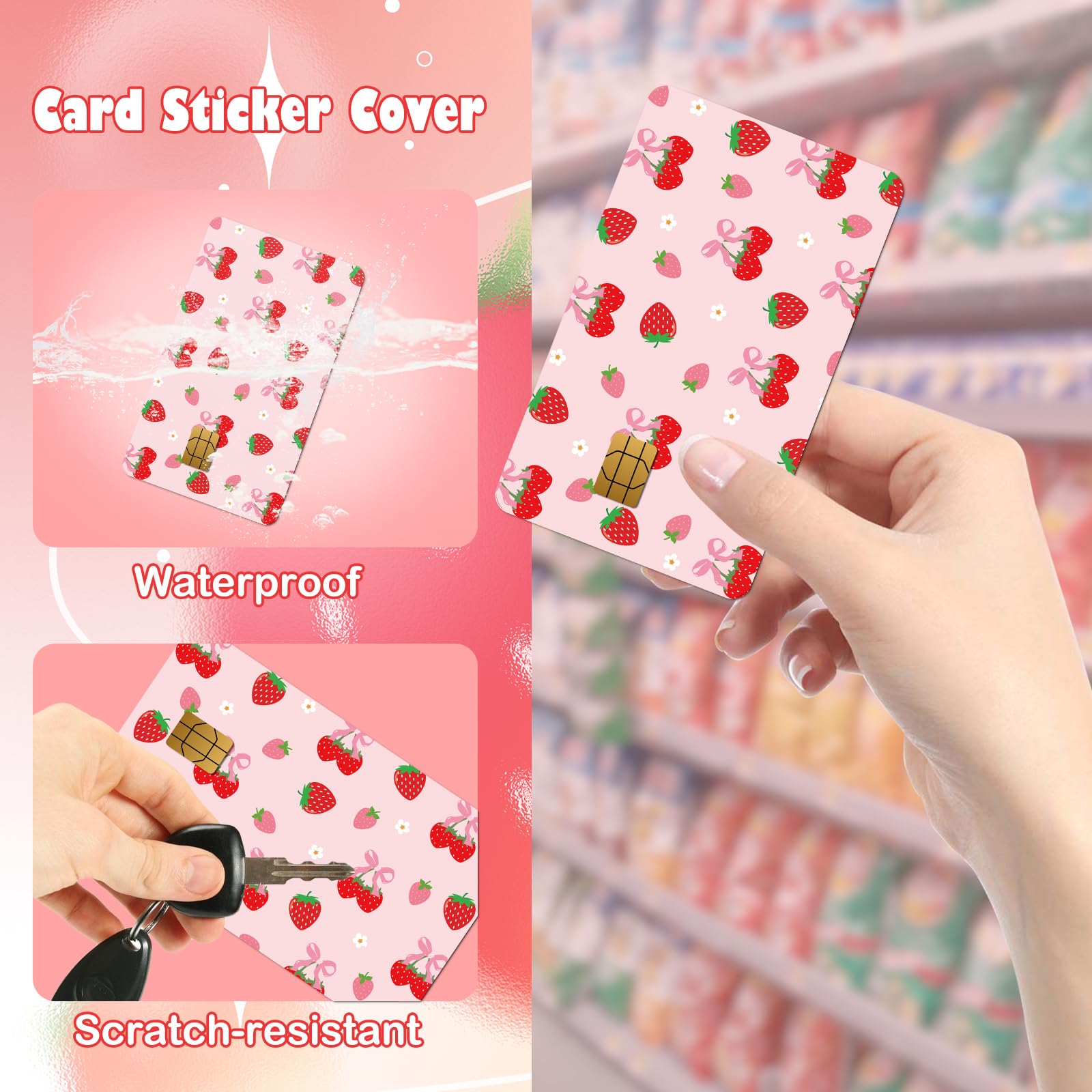 Credit Card Skin Stickers - 4 Pcs Pink Strawberry Debit Card Skin Stickers, Cute Berry Bow Daisy Removable Waterproof Decal Cover Set for DIY Key, Transportation