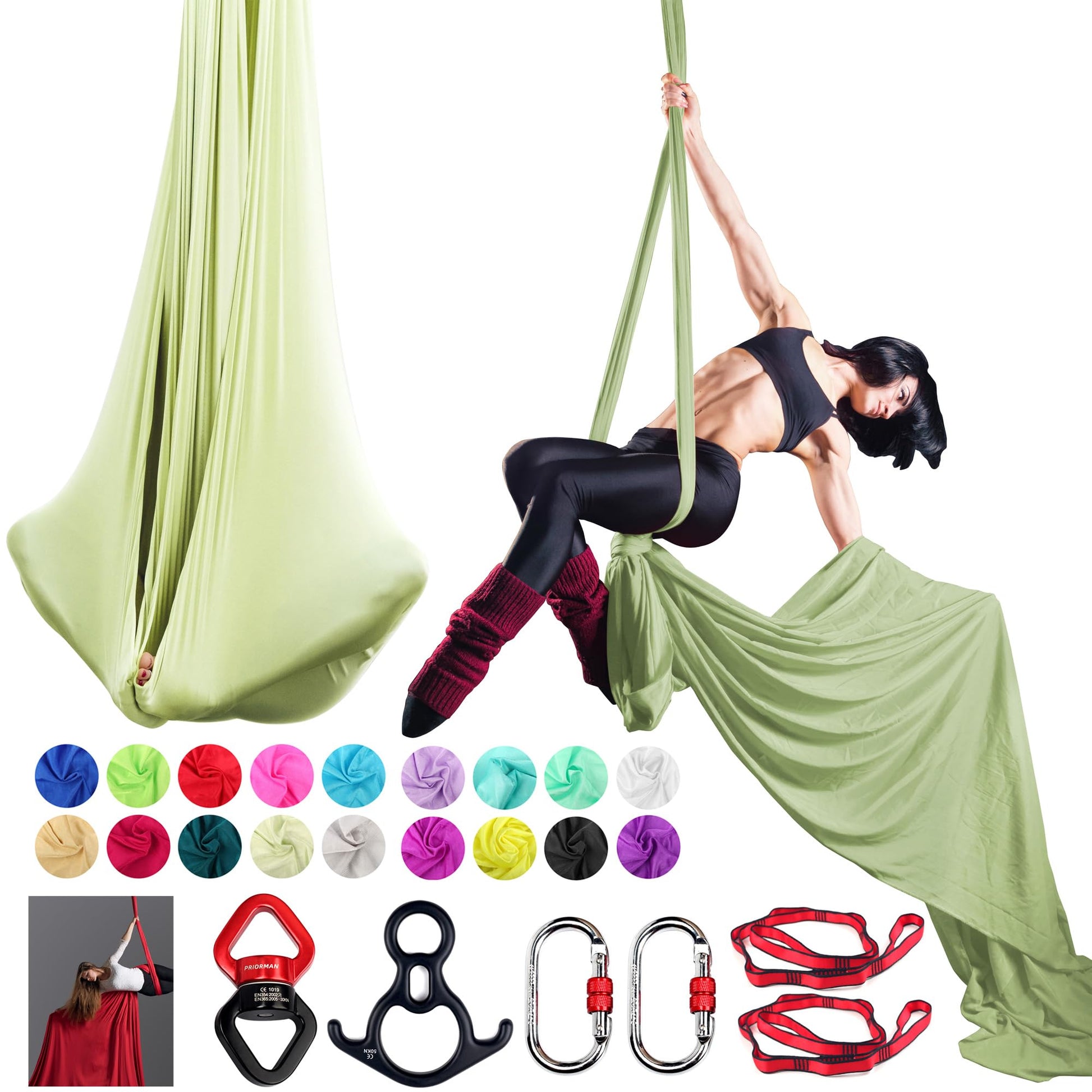 Aerial Silks Set, Premium Ariel Yoga Hammock 9 Yards Aerial Silk, Low-Stretch Fabric, Yoga Starter Kit for Home, Aerial Rig for All Skill Levels - All Hardware Included