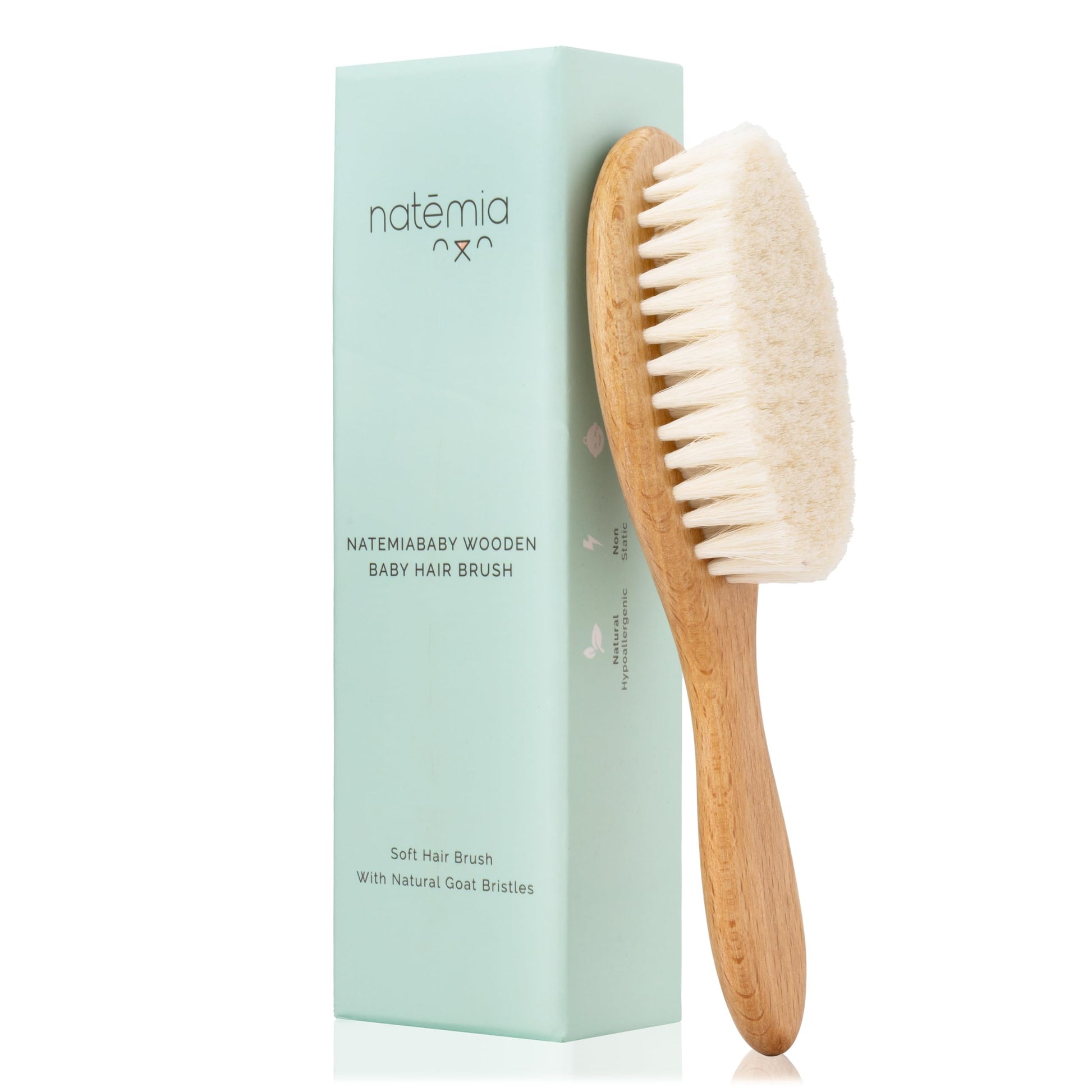 Natemia Wooden Baby Hair Brush & Comb Set - Pack of 3, Oval - Natural Goat Hair Bristles & Soft Bristle Brush - Gentle Scalp Massage & Cradle Cap Comb - For Newborns & Toddlers, Baby Grooming Kit