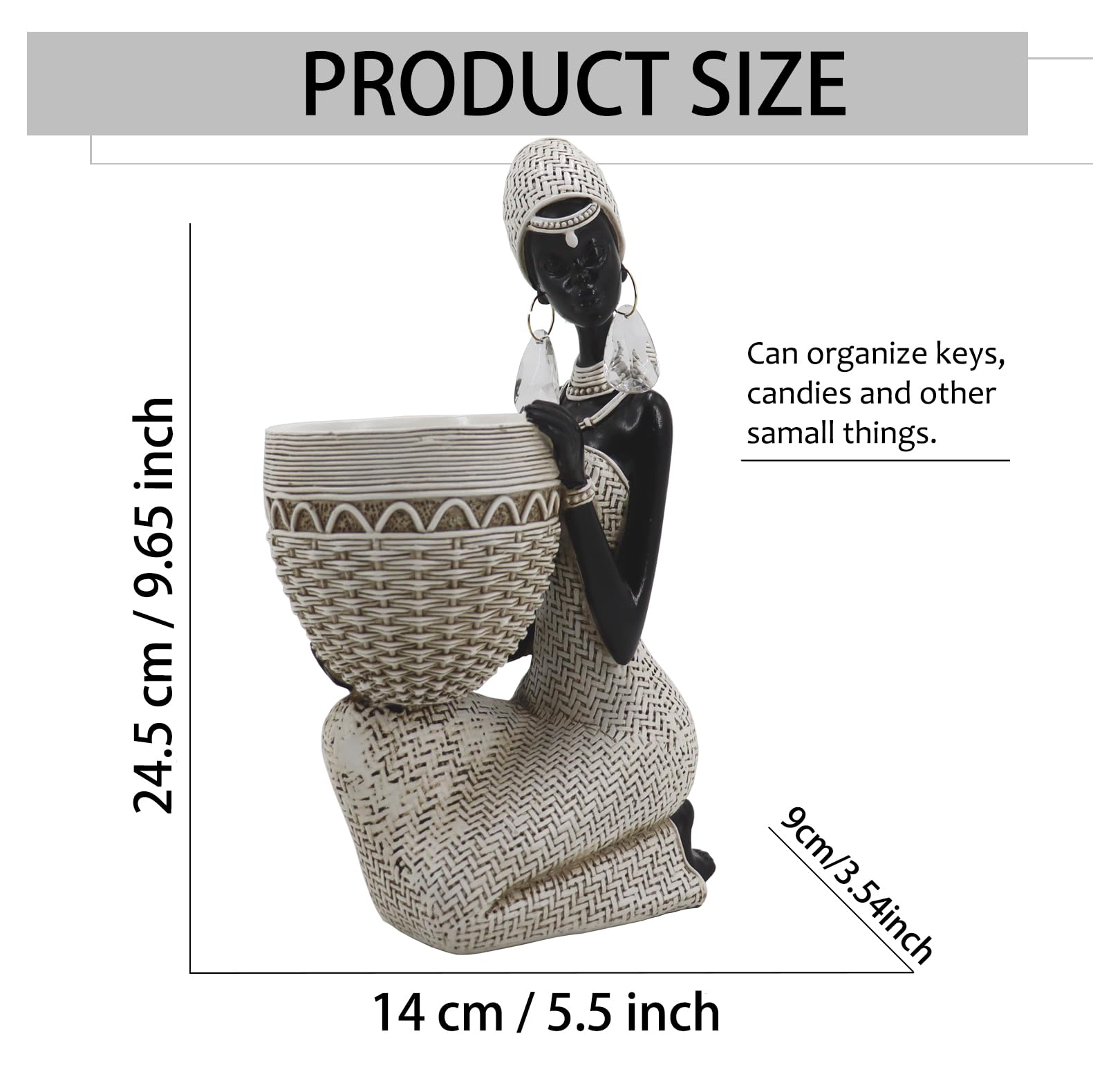 Handmade African Tribal Woman Sculpture - Gold Adorned Seated Figure with Basket, Vintage Resin Statue for Home Decor, Unique Housewarming Gift for Shelf/Table (9.65" H)