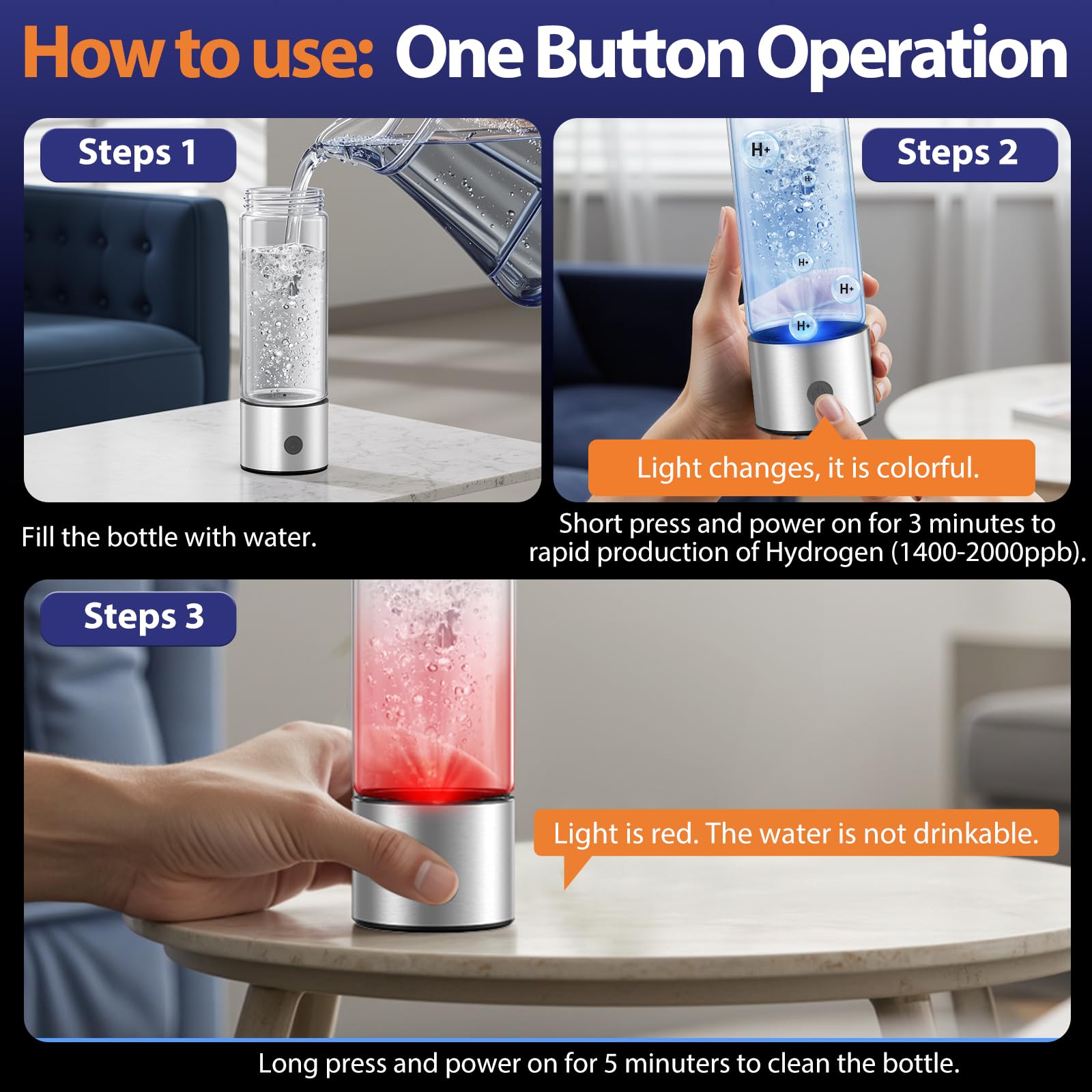 Hydrogen Water Bottle Generator, Portable Rechargeable aquahealth Hydrogen Water, Hydrogen Water Ionizer Machine, with SPE/PEM Technology, for Home Office Travel Fitness Drinking