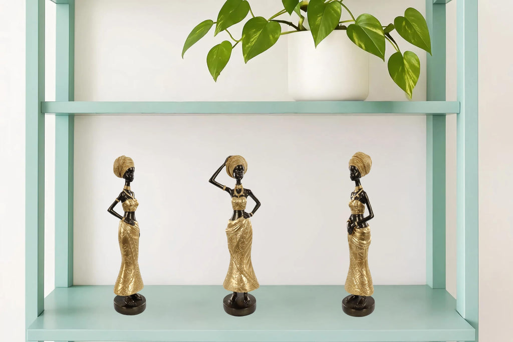 Set of 3 Resin African Woman Statues – Elegant Tribal Figurines in Gold Dresses, Afrocentric Home Decor Sculptures for Living Room, Bookshelf, Gift