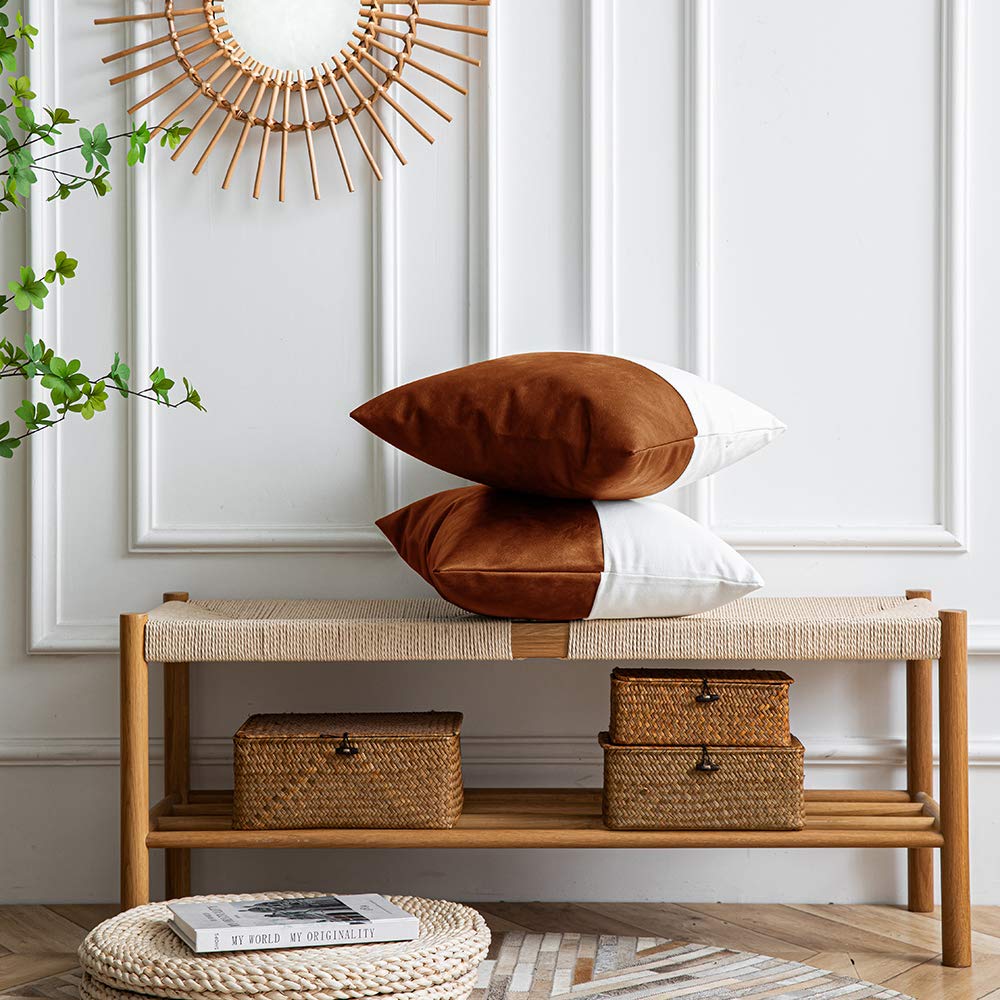 DEZENE Leather Throw Pillow Covers, Set of 2 Modern Leather/Cotton Decorative Pillowcases for Home Decor Bedroom Living Room Couch Bed Sofa, 18x18 Inch, Cognac-Brown and White