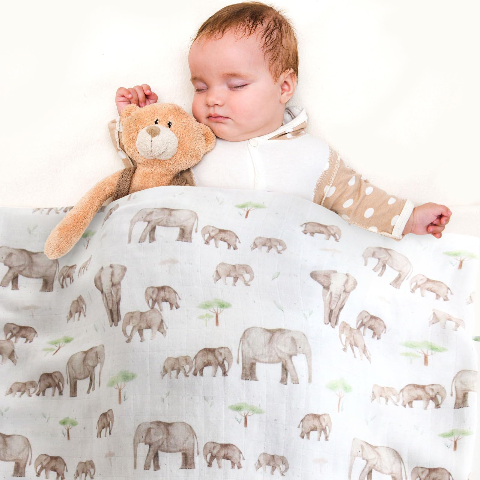 LifeTree Muslin Swaddle Blankets, Baby Swaddling Wrap Nursery Blanket Unisex, Soft 70% Viscose from Bamboo and 30% Cotton, Large 47 x 47 inches, Bear & Checkered Swaddle Blanket