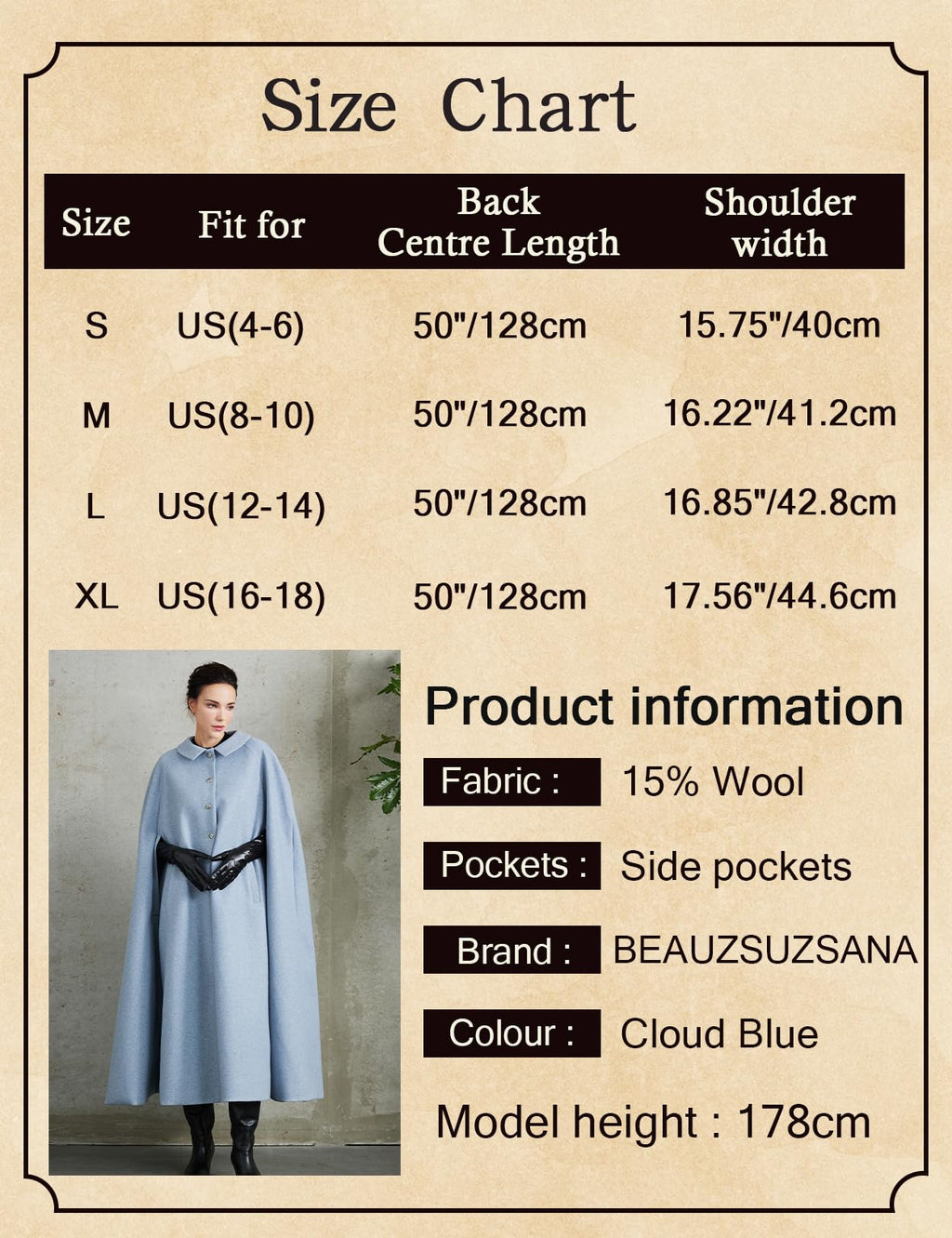 Women Wool Blend Single-Breasted Cape Coat Vintage Jacket Outwear with Pockets for Fall Winter