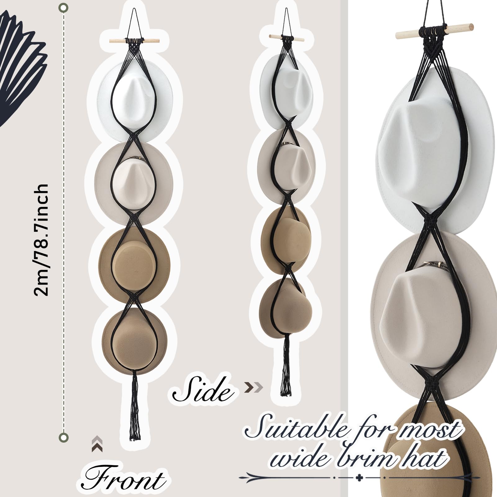 Yulejo Macrame Hat Hangers Boho Hat Rack for Wall Western Cowboy Hanging Organizer for Door Wall Room Bedroom