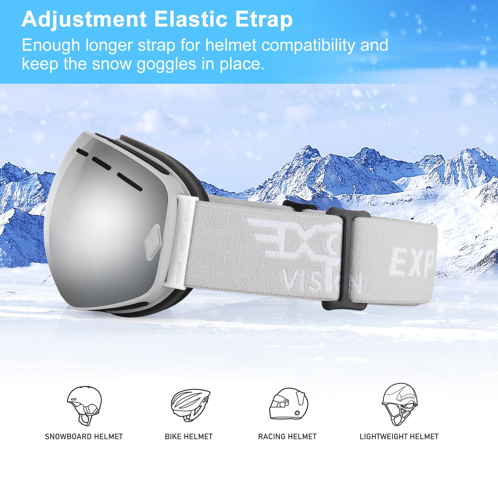 EXP VISION Snowboard Ski Goggles Men Women Youth, Anti Fog OTG Winter Snow Goggles Spherical Detachable Lens