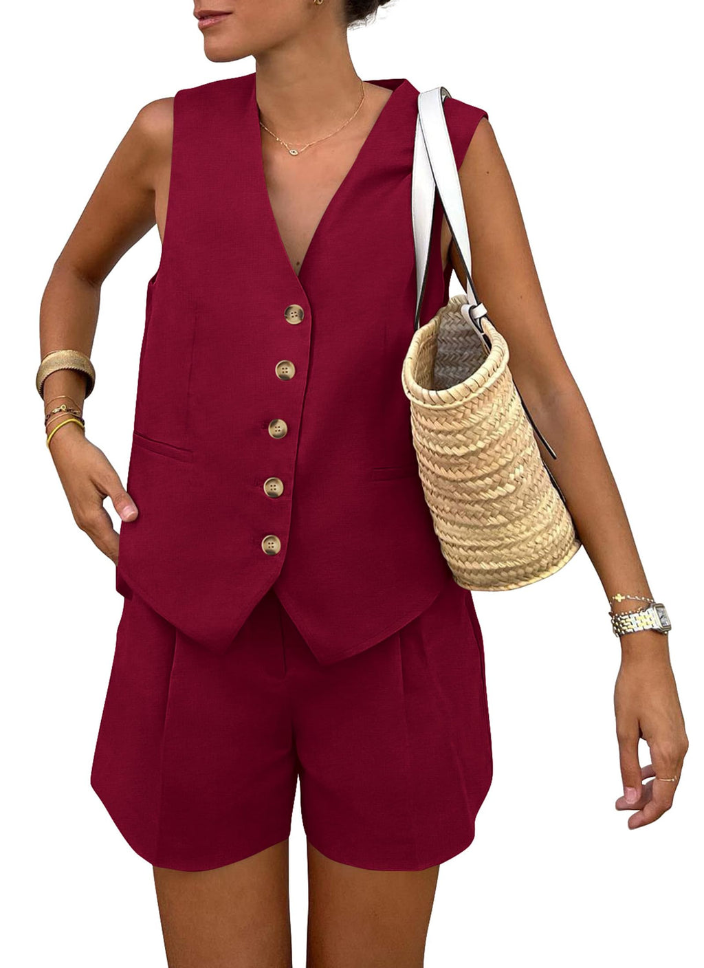 PRETTYGARDEN Women's Summer 2 Piece Outfits Sleeveless Matching Sets Button Down V Neck Vest Waistcoat and Pockets Shorts