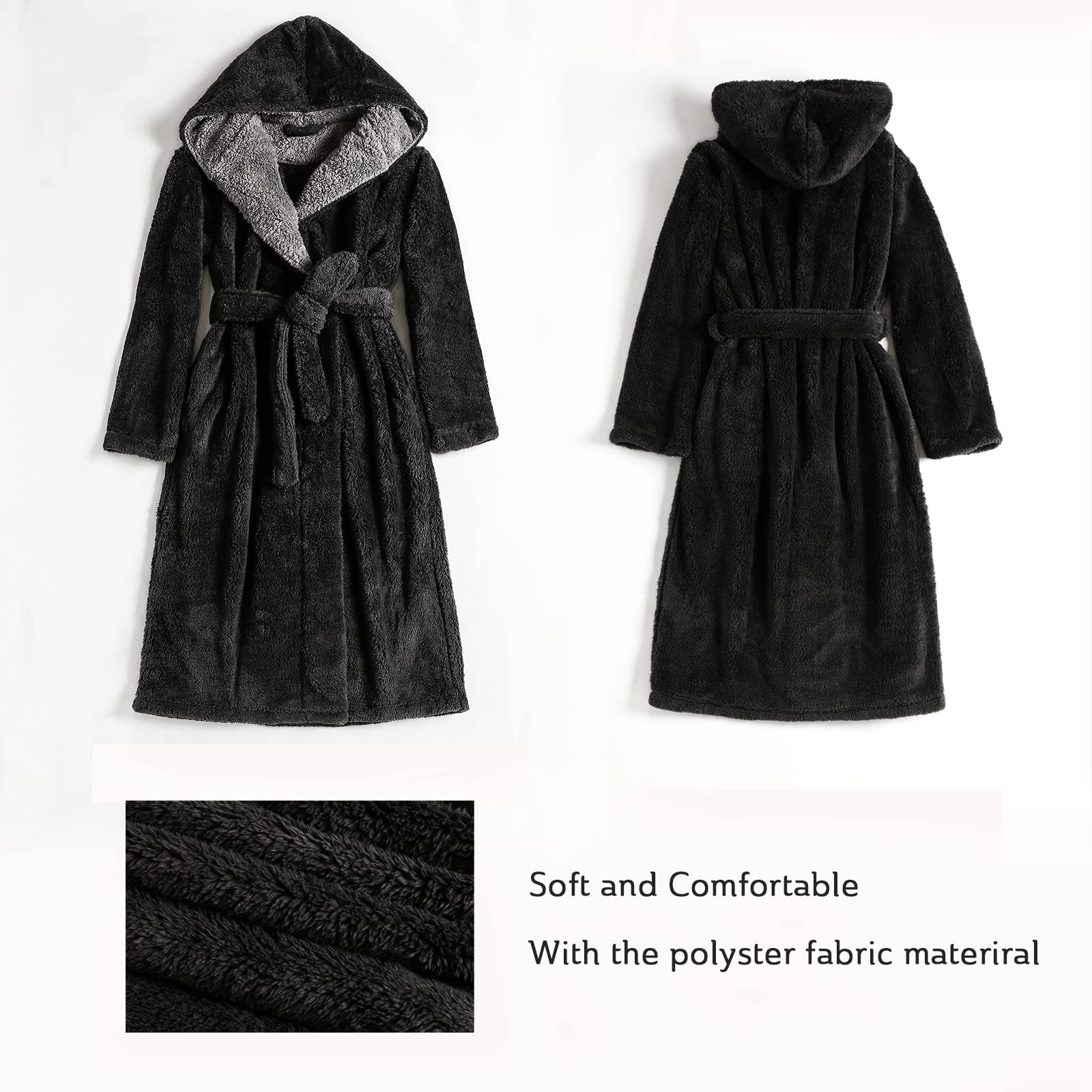 Hellomamma Long Hooded Robe for Women Luxurious Flannel Fleece Full Length Bathrobe Winter Warm Pajamas Shower Nightgown