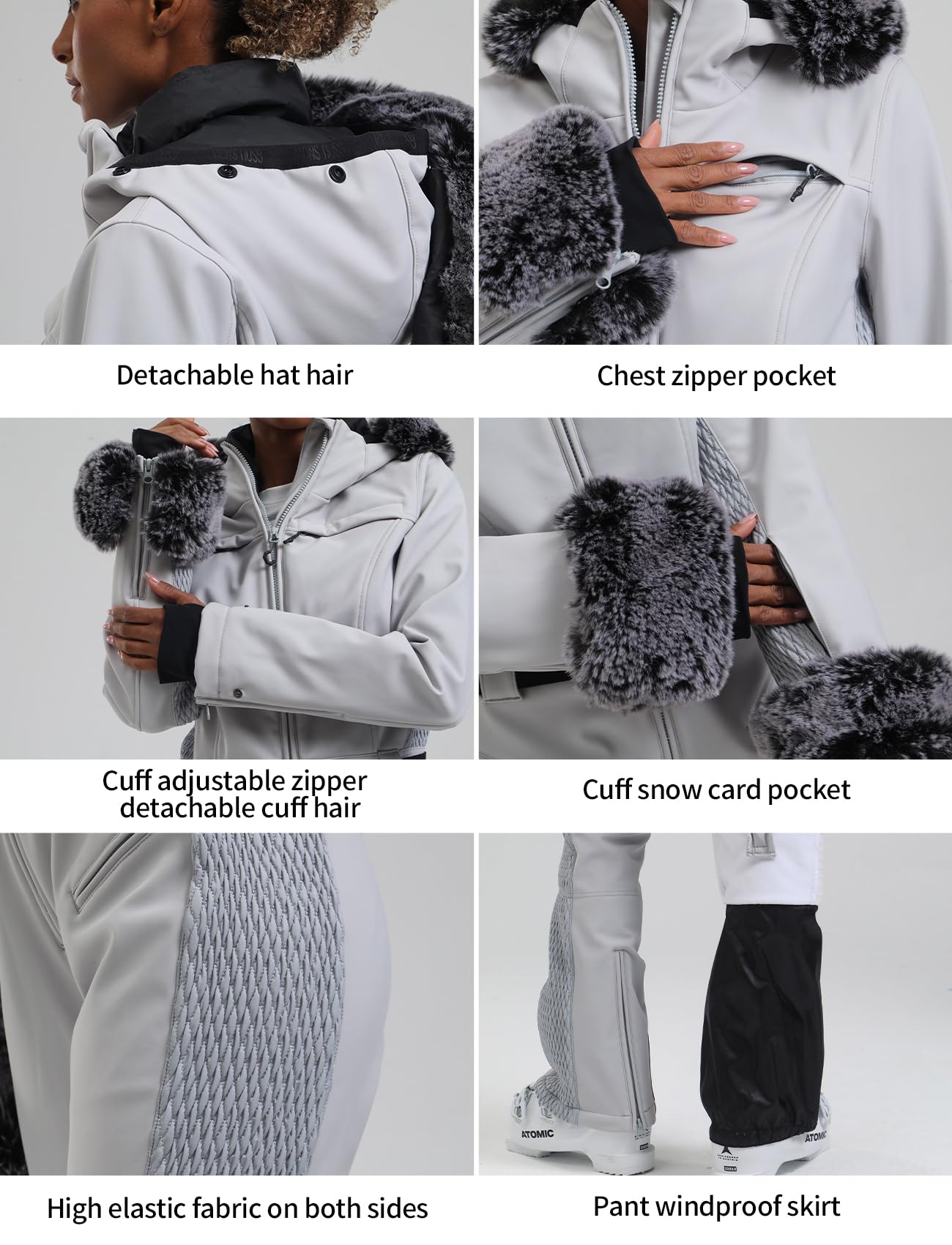 GSOU SNOW Ski Suit Womens One Piece Snowsuit Snowboard Jacket Slim Snow Jumpsuit Faux Fur Ski Outfit Waterproof Windproof