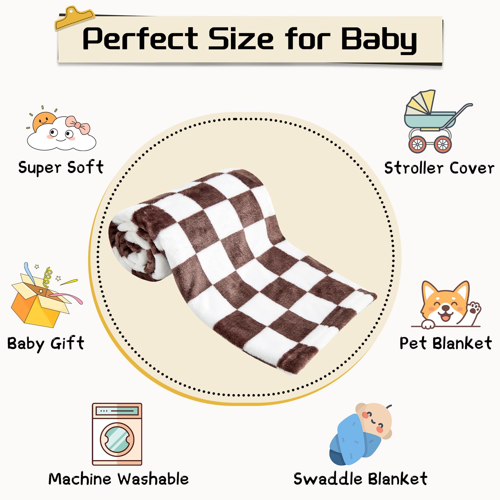 Yurhap Checkered Baby Blanket Fleece Baby Blankets Neutral for Boys Girls, Super Soft Warm Lightweight Infant Toddler Newborn Receiving Blankets for Crib Stroller, 30''x40'', Khaki